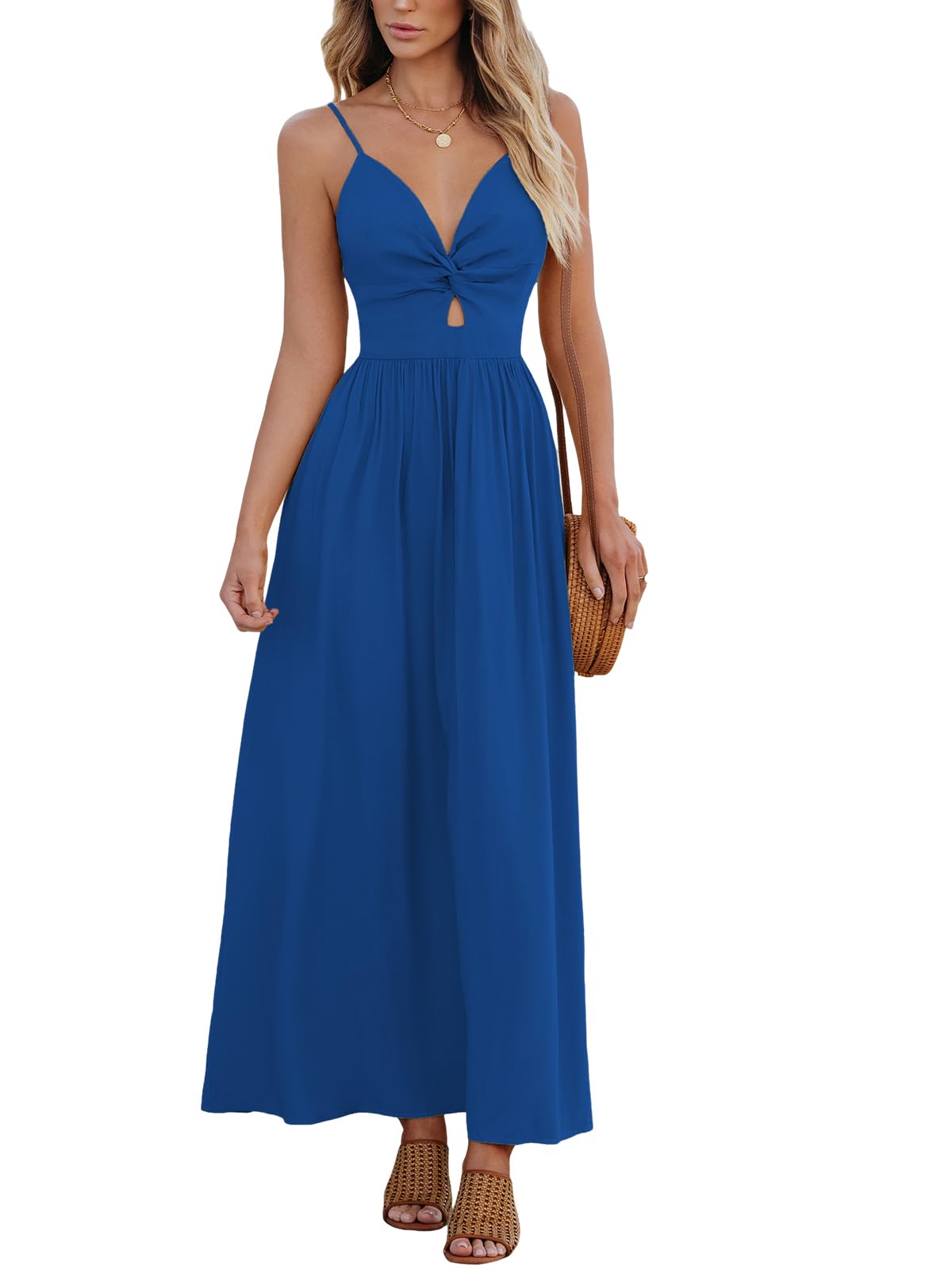 Vestido Largo Cupshe Con Cuello En V Retorcido, Sin Mangas, Recorte, Azul Real - Venta Internacional.