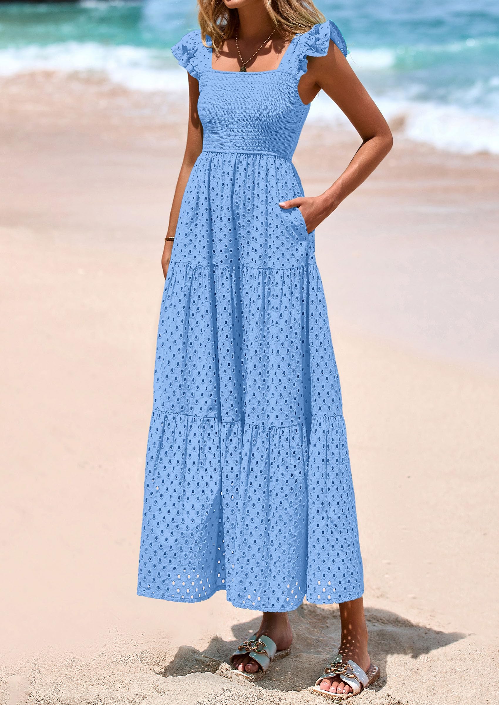 Foto 4 pulgar | Vestido Largo Prettygarden Para Mujer, Cuello Cuadrado, Verano, Azul Claro - Venta Internacional.