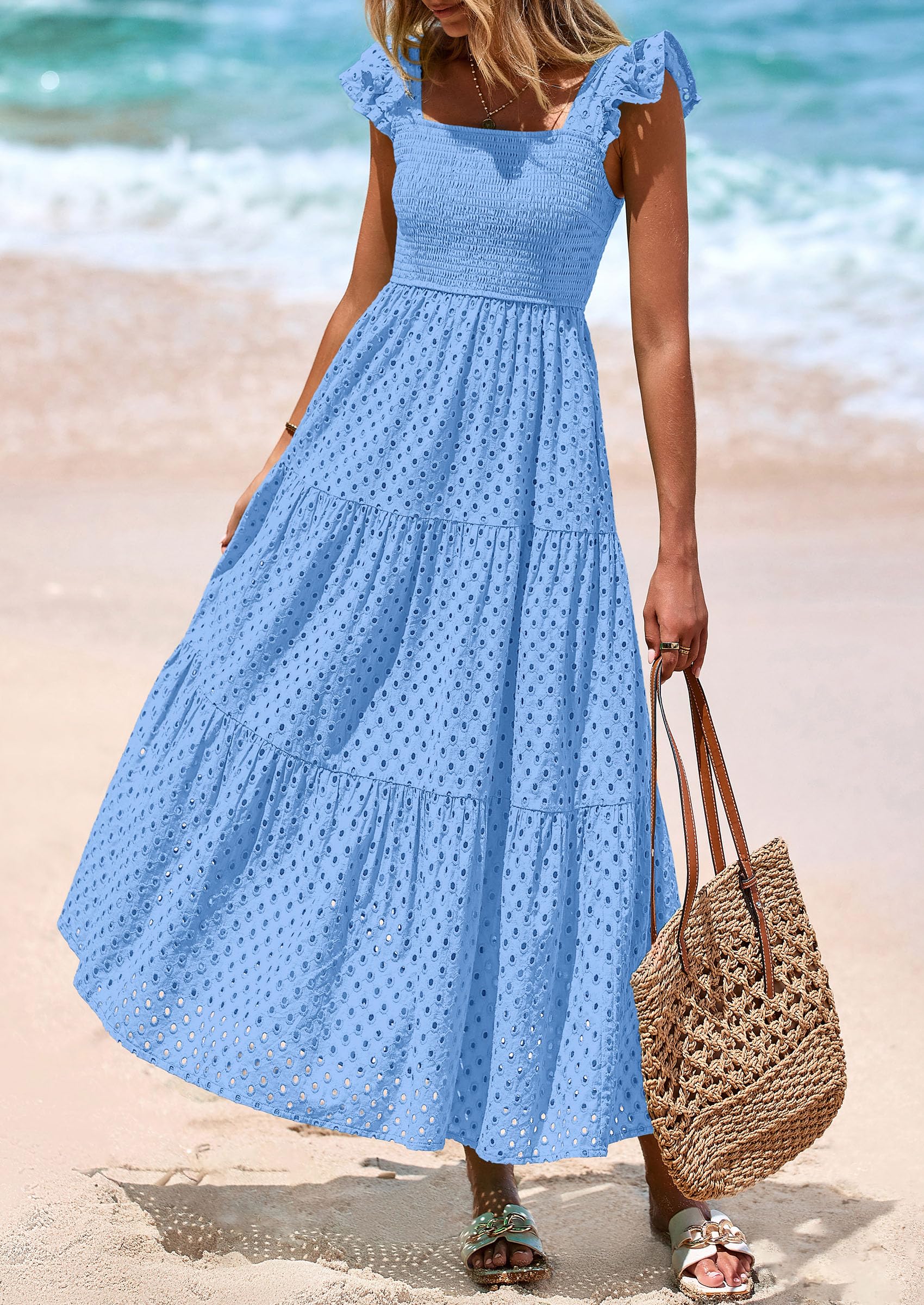 Foto 5 pulgar | Vestido Largo Prettygarden Para Mujer, Cuello Cuadrado, Verano, Azul Claro - Venta Internacional.