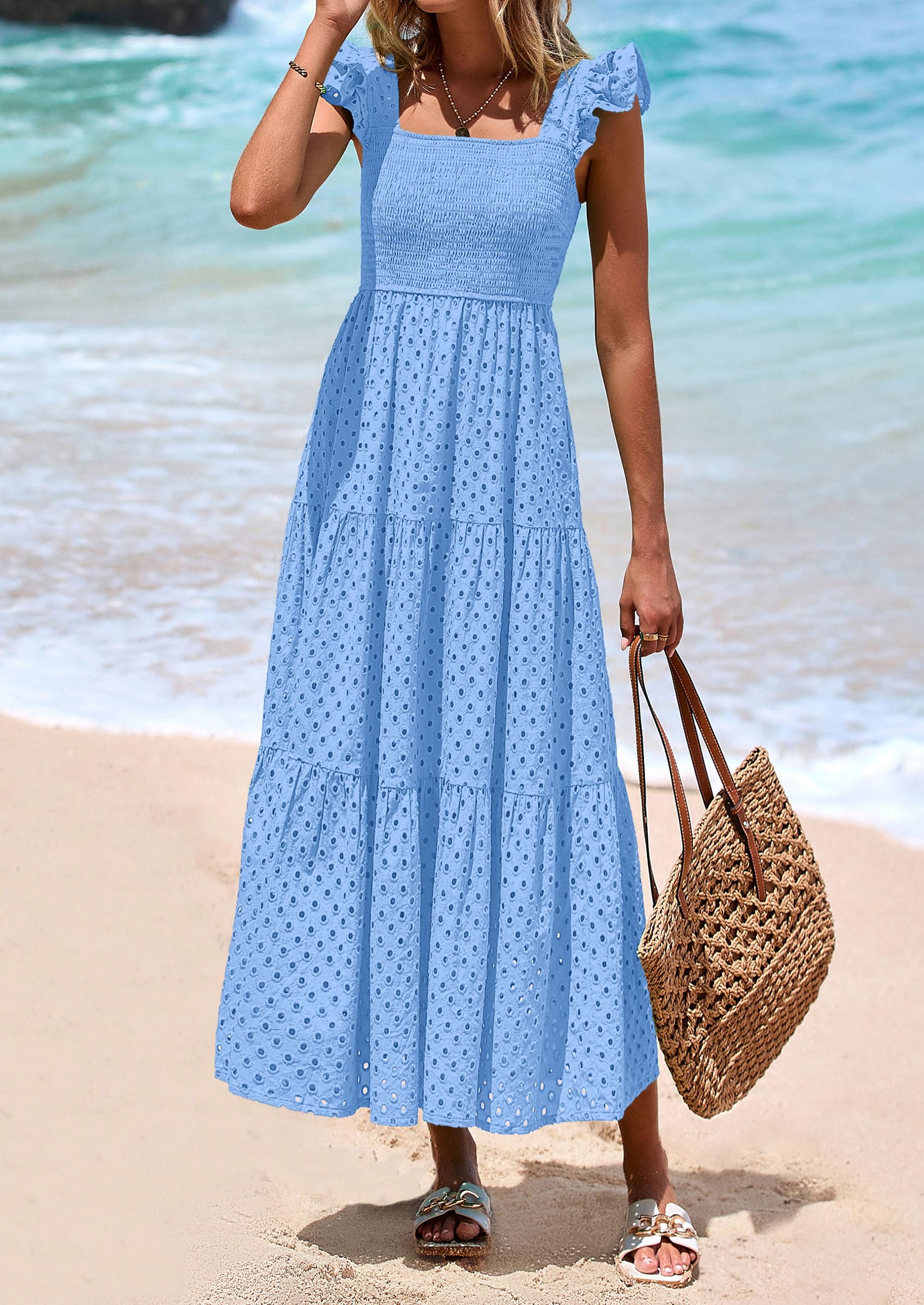 Foto 8 pulgar | Vestido Largo Prettygarden Para Mujer, Cuello Cuadrado, Verano, Azul Claro - Venta Internacional.
