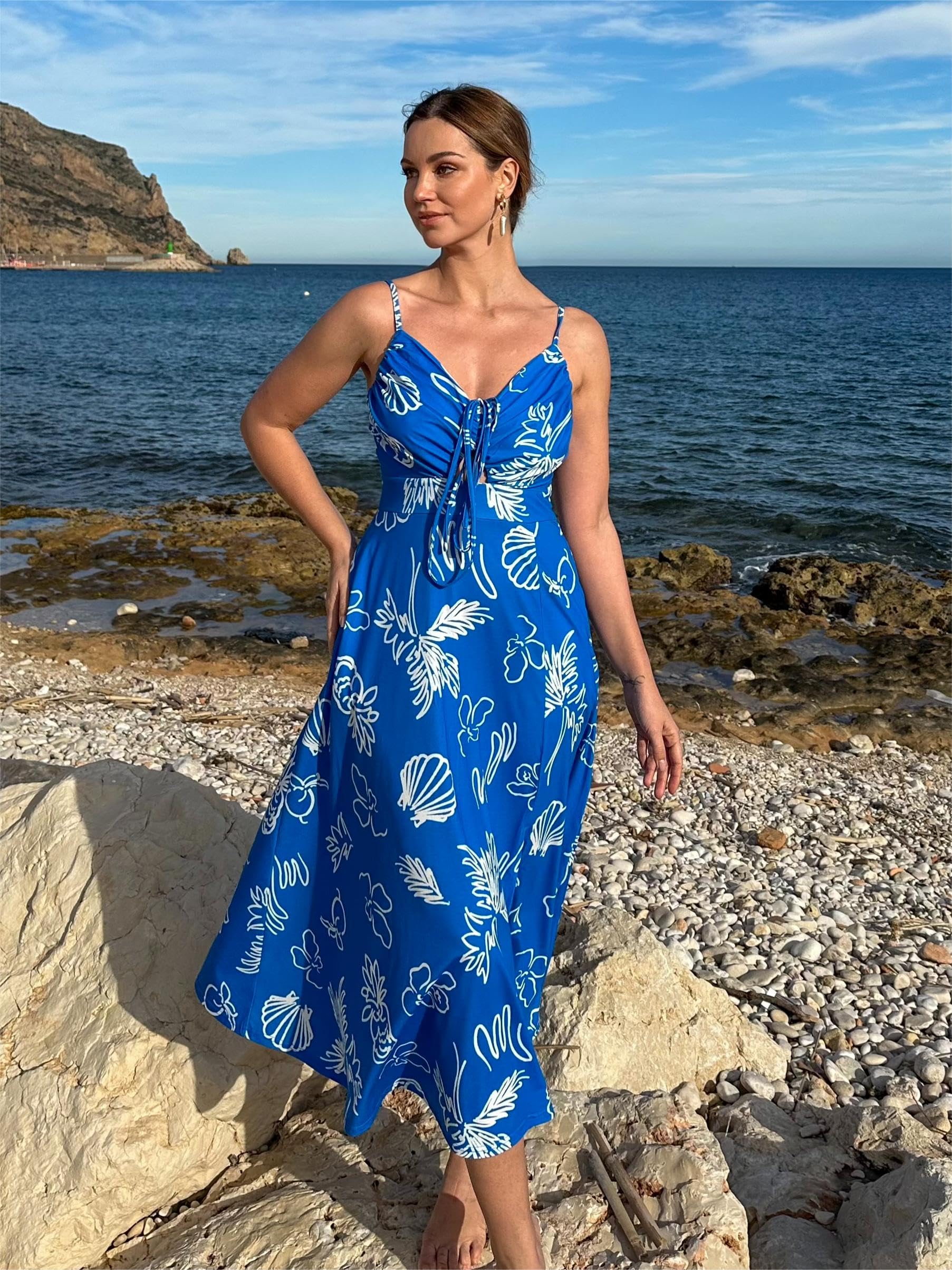 Foto 5 pulgar | Vestido Largo Grace Karin Verano 2025 Con Cuello En V Fruncido Azul Floral - Venta Internacional.