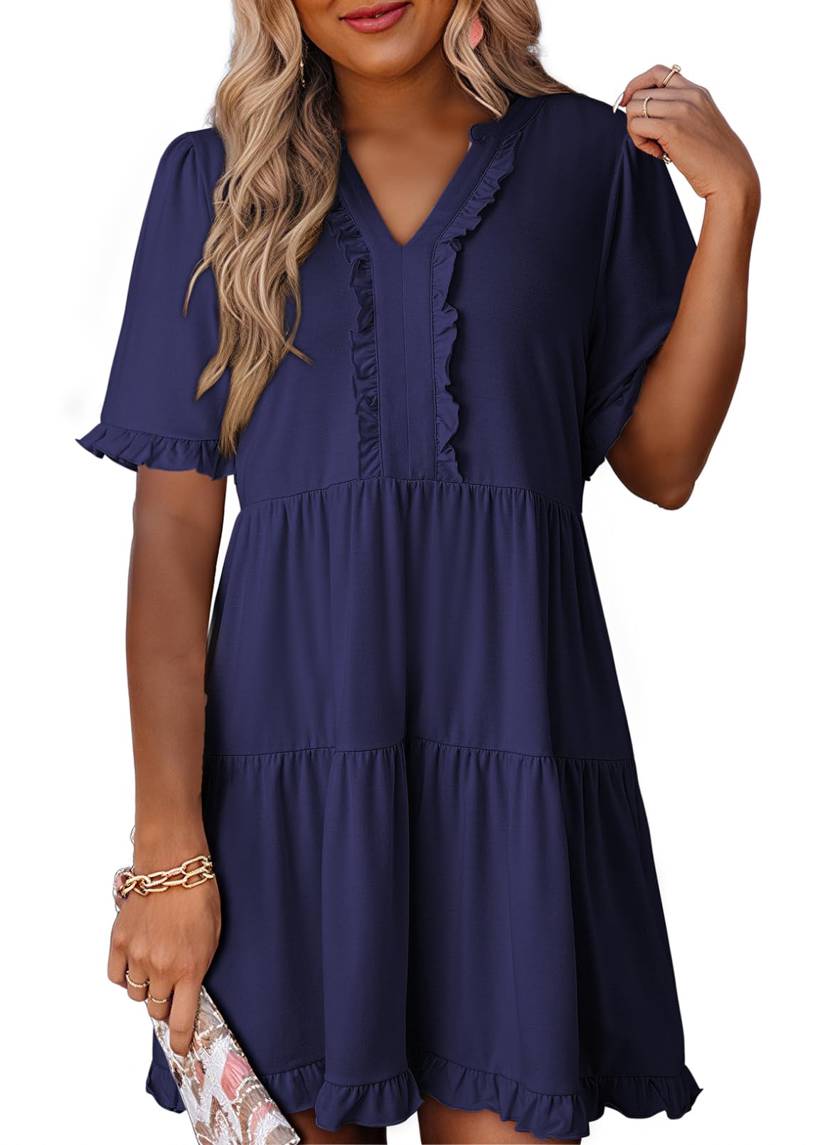 Foto 2 pulgar | Vestido De Verano Dokotoo 2025 Con Cuello En V Y Manga Corta Azul Marino Xl - Venta Internacional.