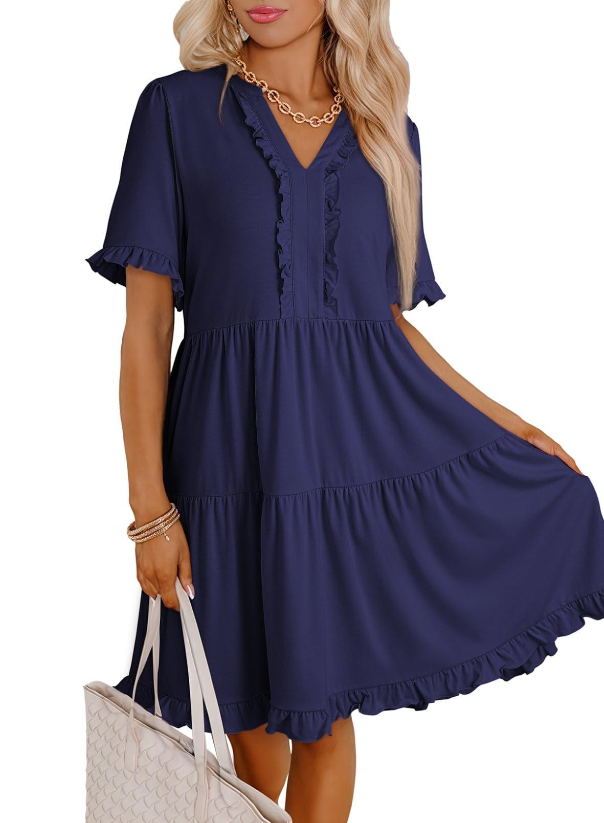 Foto 3 pulgar | Vestido De Verano Dokotoo 2025 Con Cuello En V Y Manga Corta Azul Marino Xl - Venta Internacional.