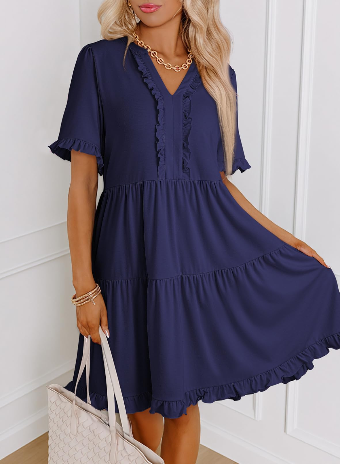 Foto 4 pulgar | Vestido De Verano Dokotoo 2025 Con Cuello En V Y Manga Corta Azul Marino Xl - Venta Internacional.