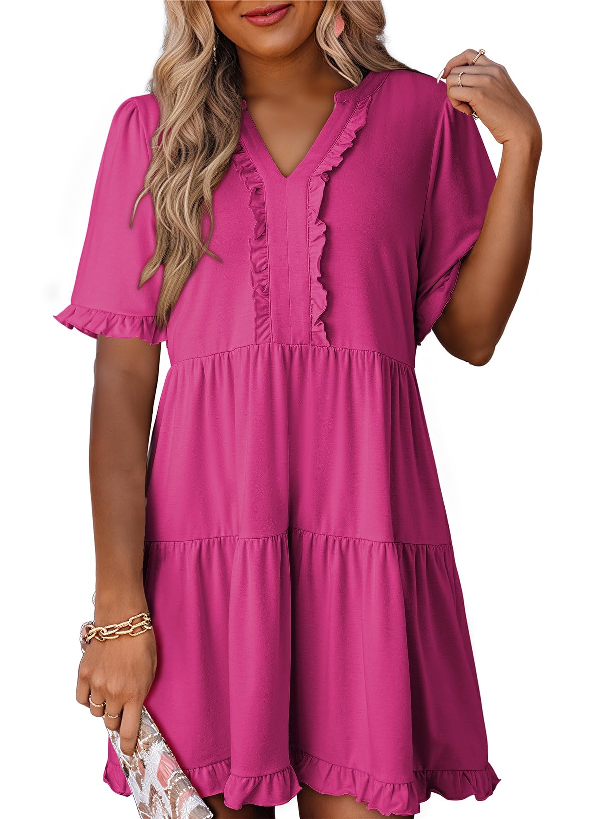 Foto 2 pulgar | Vestido De Verano Dokotoo 2025 Con Cuello En V Y Manga Corta, Rosa Intenso, Xl - Venta Internacional.