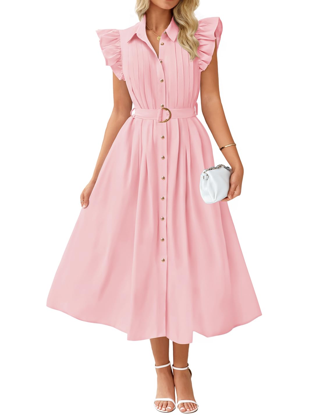Foto 2 pulgar | Vestido Midi Zesica 2025 De Verano Bohemio Con Botones Y Cuello En V Rosa Para Mujer - Venta Internacional.