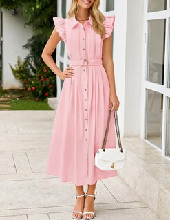 Foto 2 | Vestido Midi Zesica 2025 De Verano Bohemio Con Botones Y Cuello En V Rosa Para Mujer - Venta Internacional.