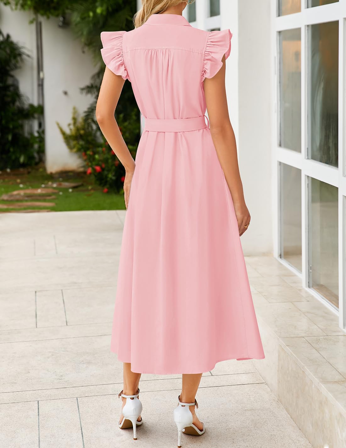 Foto 5 pulgar | Vestido Midi Zesica 2025 De Verano Bohemio Con Botones Y Cuello En V Rosa Para Mujer - Venta Internacional.