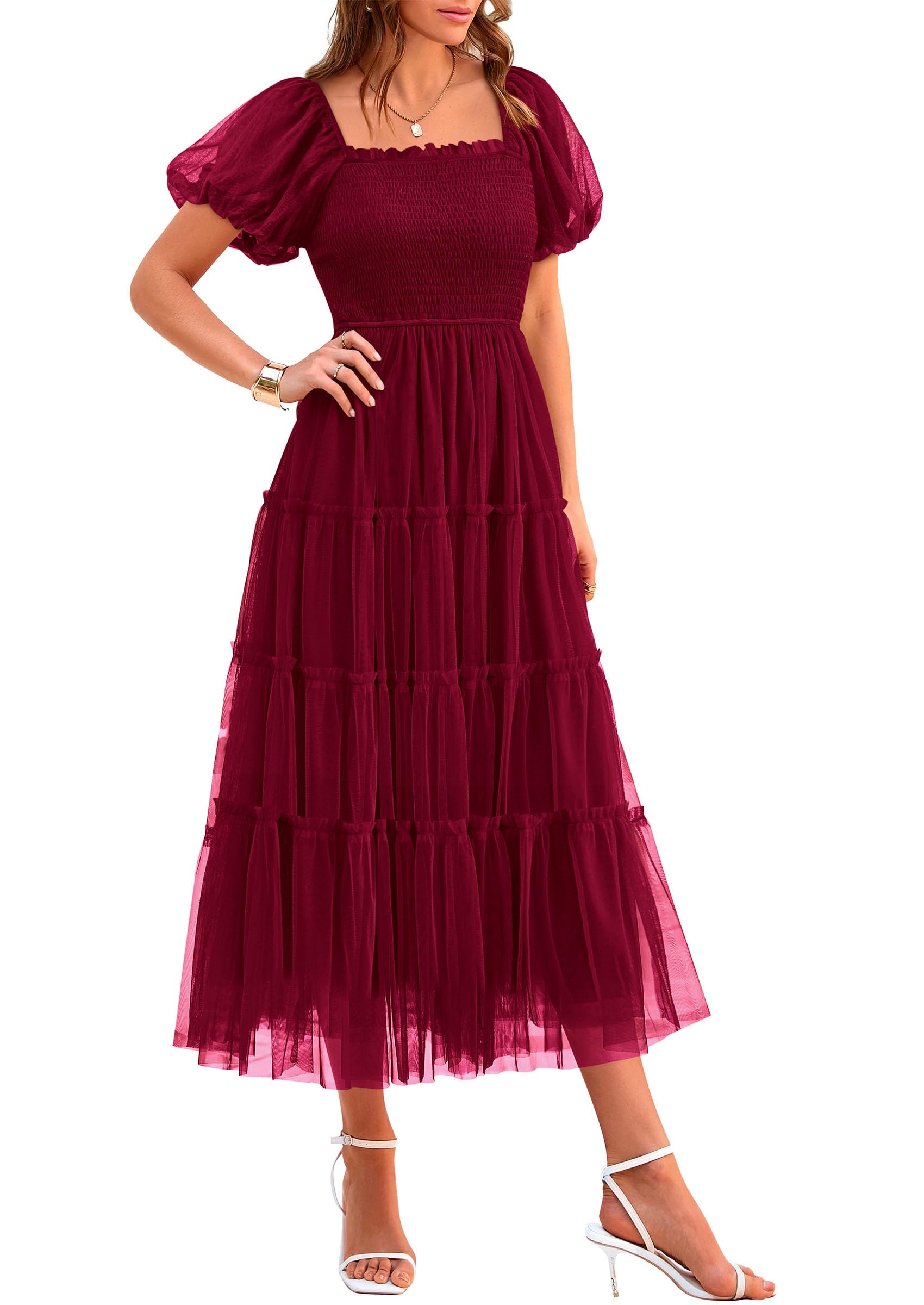 Foto 2 pulgar | Vestido Prettygarden De Tul Midi Fruncido Para Mujer, Color Rojo Vino - Venta Internacional.