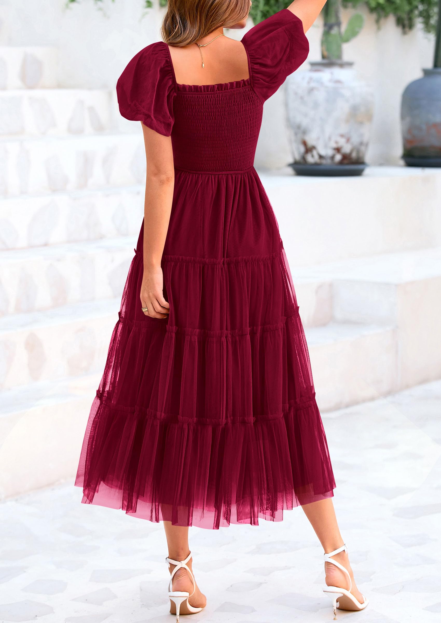 Foto 3 pulgar | Vestido Prettygarden De Tul Midi Fruncido Para Mujer, Color Rojo Vino - Venta Internacional.