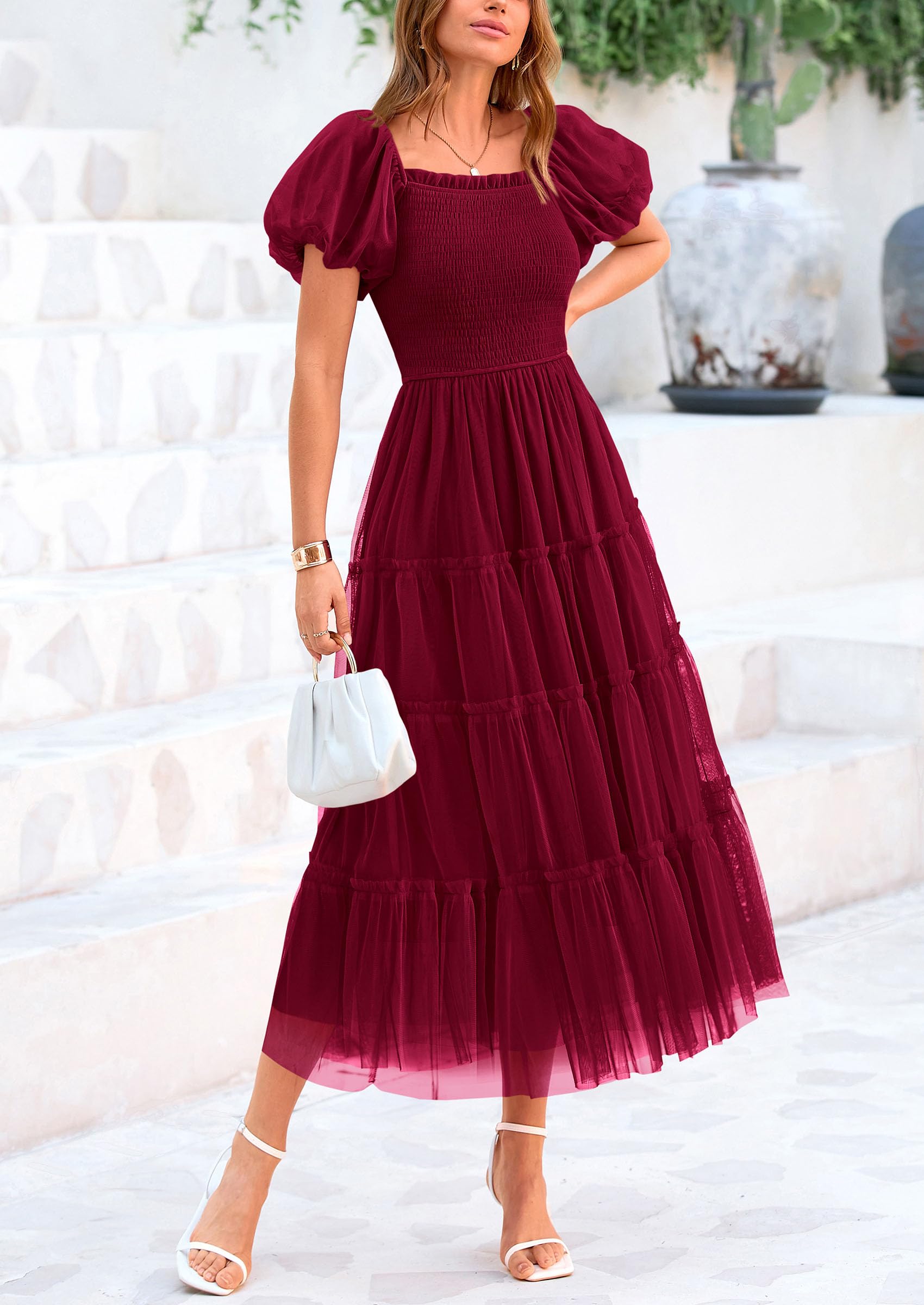 Foto 5 pulgar | Vestido Prettygarden De Tul Midi Fruncido Para Mujer, Color Rojo Vino - Venta Internacional.