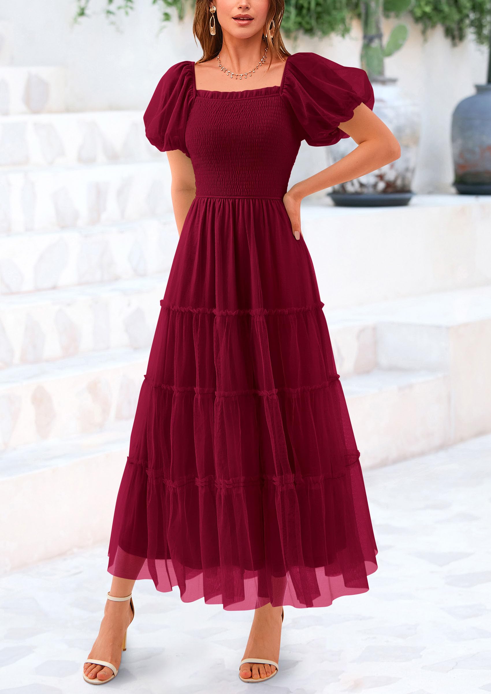 Foto 8 pulgar | Vestido Prettygarden De Tul Midi Fruncido Para Mujer, Color Rojo Vino - Venta Internacional.