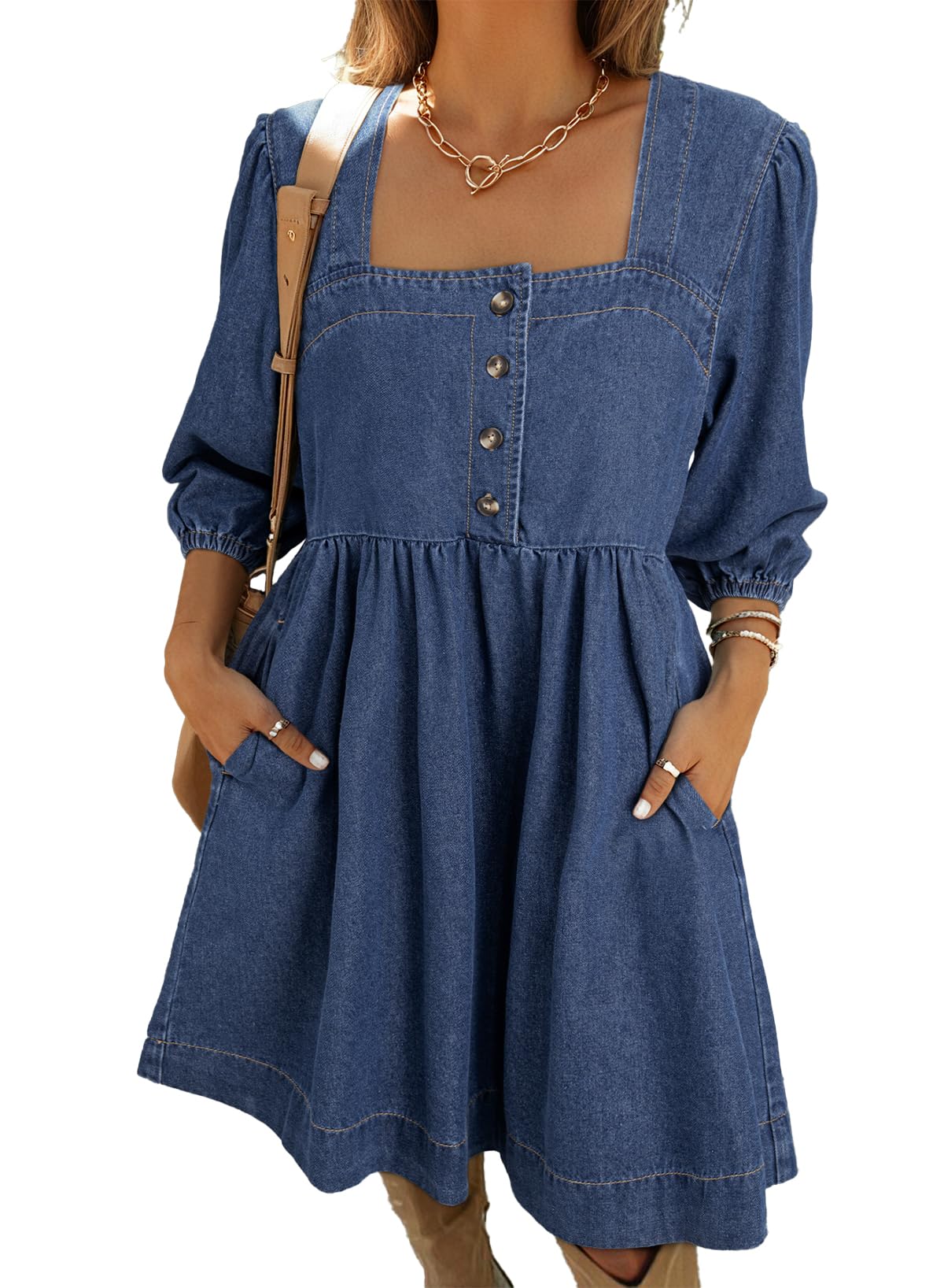 Vestido De Mezclilla Sidefeel Para Primavera Y Verano, Manga 3/4, Azul Oscuro, Para Mujer - Venta Internacional.