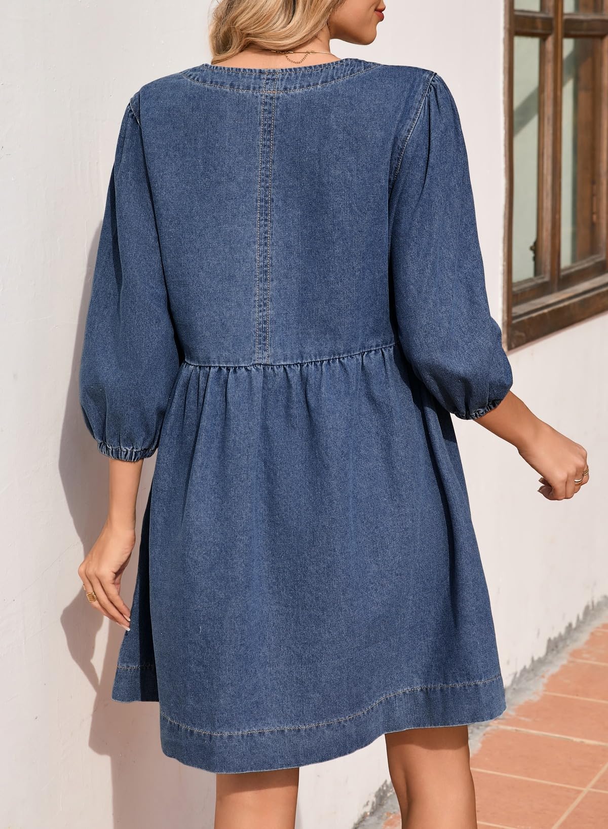 Foto 3 pulgar | Vestido De Mezclilla Sidefeel Para Primavera Y Verano, Manga 3/4, Azul Oscuro, Para Mujer - Venta Internacional.