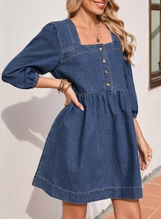 Foto 3 | Vestido De Mezclilla Sidefeel Para Primavera Y Verano, Manga 3/4, Azul Oscuro, Para Mujer - Venta Internacional.