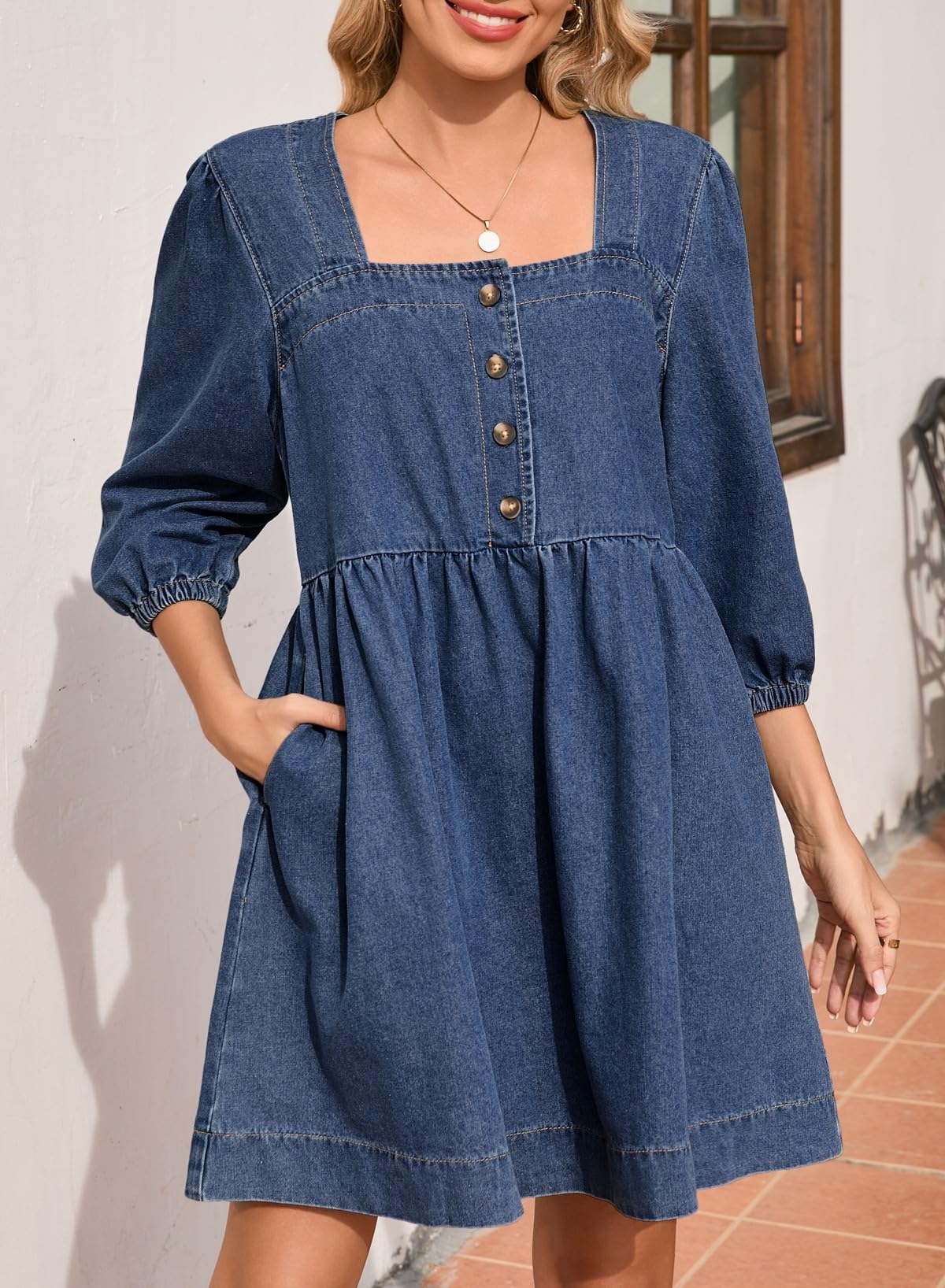 Foto 5 pulgar | Vestido De Mezclilla Sidefeel Para Primavera Y Verano, Manga 3/4, Azul Oscuro, Para Mujer - Venta Internacional.