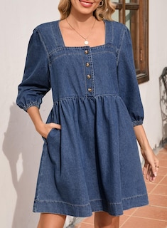Foto 4 | Vestido De Mezclilla Sidefeel Para Primavera Y Verano, Manga 3/4, Azul Oscuro, Para Mujer - Venta Internacional.