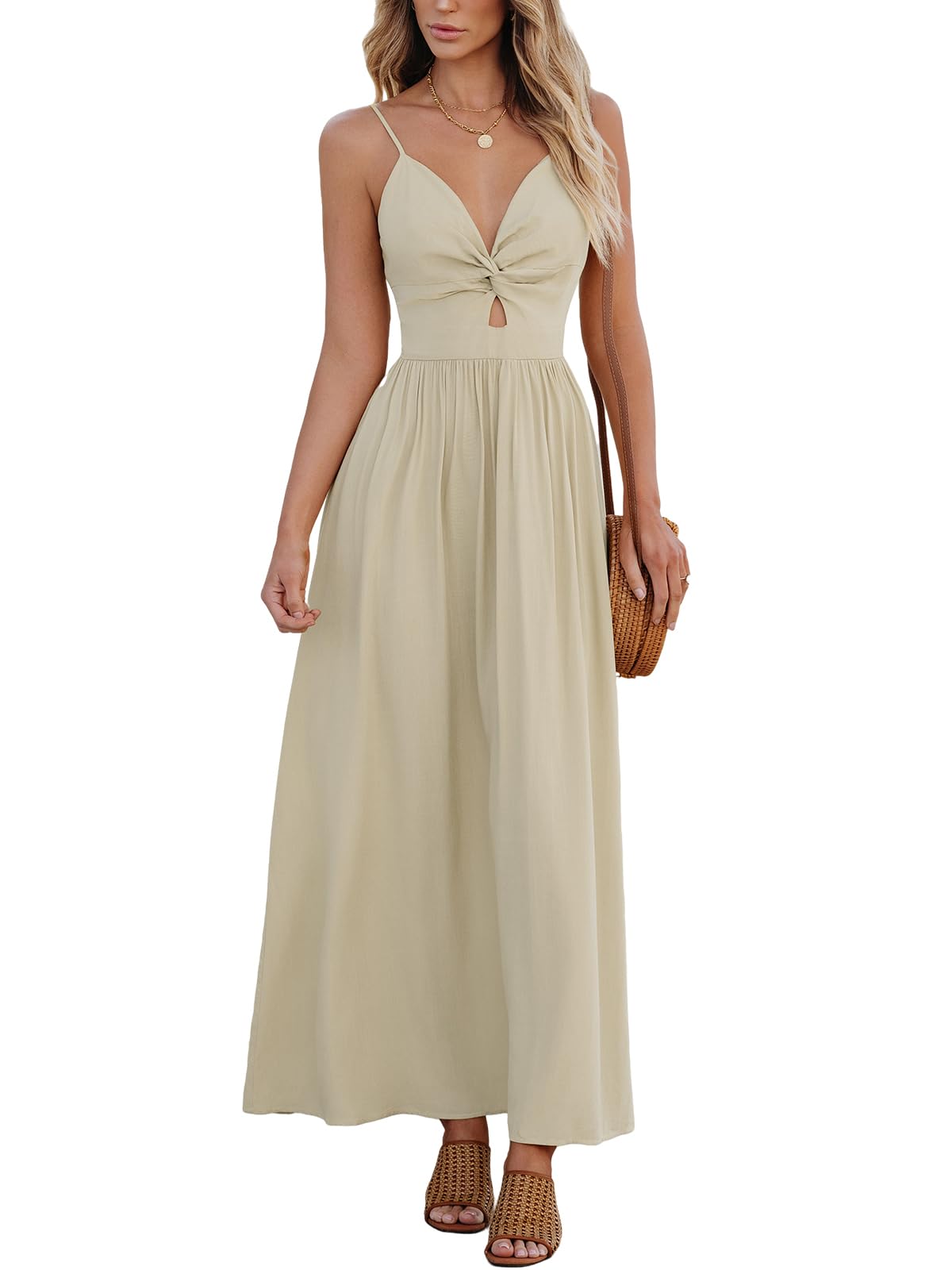 Vestido Largo Cupshe Con Cuello En V Sin Mangas Retorcido Para Verano, Beige - Venta Internacional.
