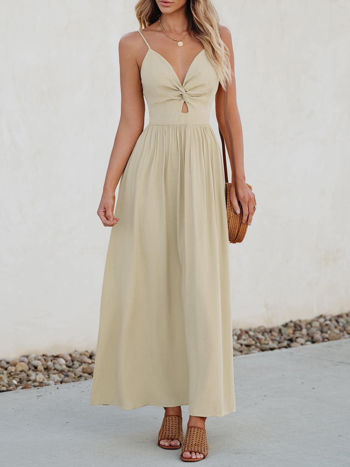 Foto 7 | Vestido Largo Cupshe Con Cuello En V Sin Mangas Retorcido Para Verano, Beige - Venta Internacional.