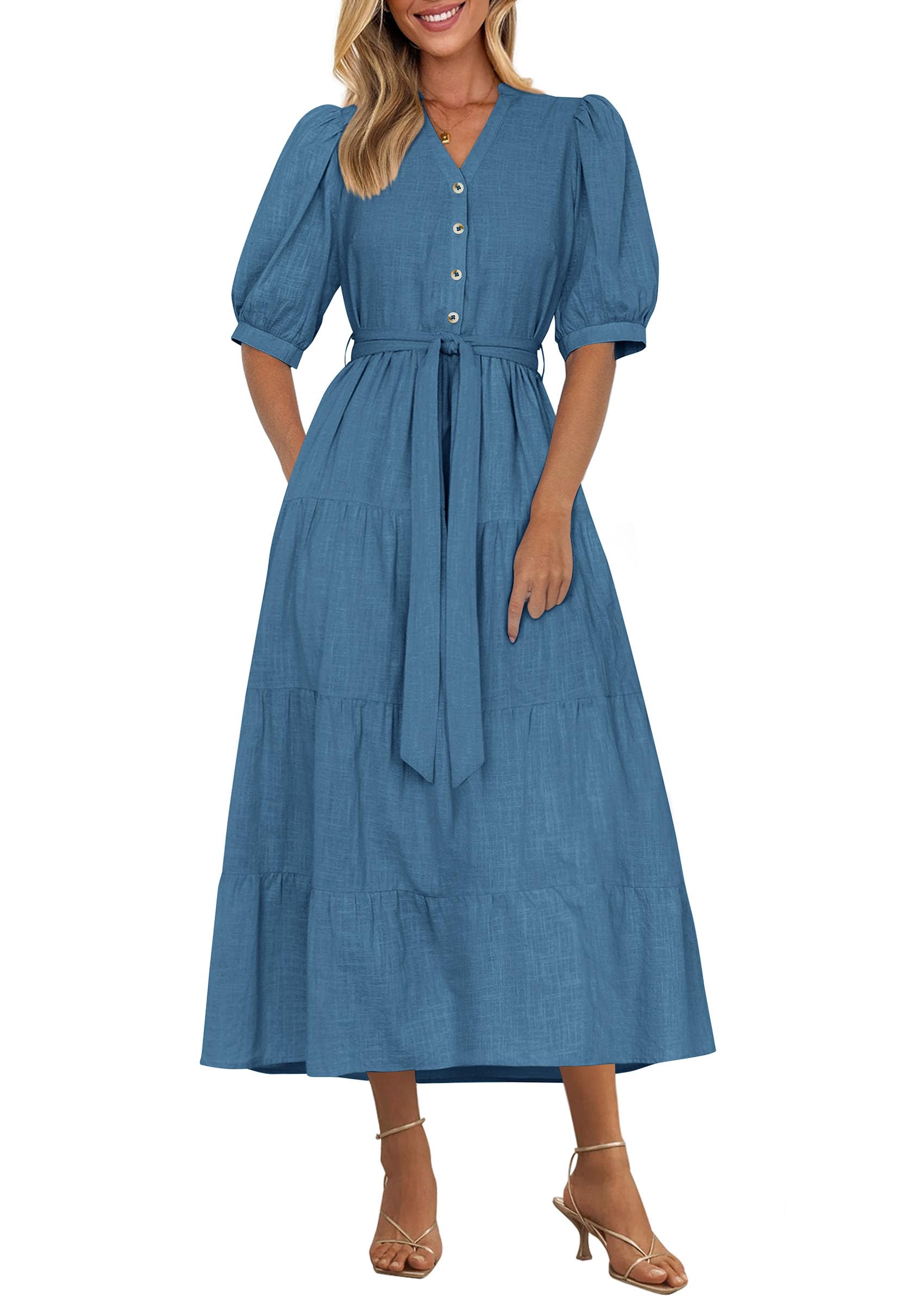 Foto 2 pulgar | Vestido Midi Prettygarden Para Mujer, Verano 2025, Cuello En V Con Bolsillos - Venta Internacional.
