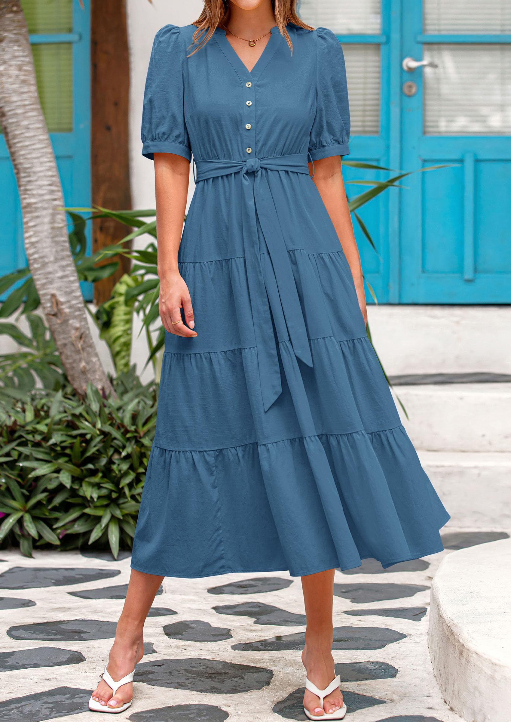 Foto 4 pulgar | Vestido Midi Prettygarden Para Mujer, Verano 2025, Cuello En V Con Bolsillos - Venta Internacional.