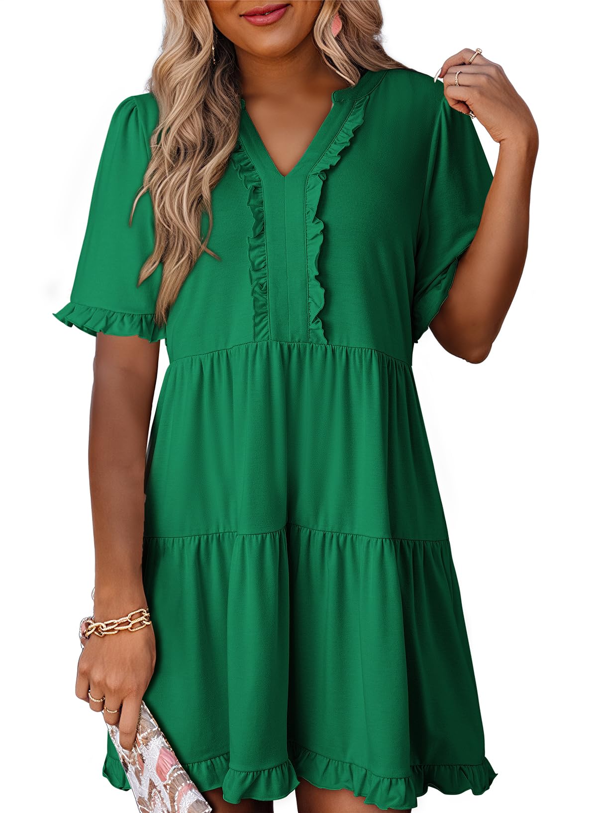 Foto 2 pulgar | Vestido Dokotoo Para Mujer, Primavera Y Verano, Manga Corta, Cuello En V, Verde Oscuro - Venta Internacional.