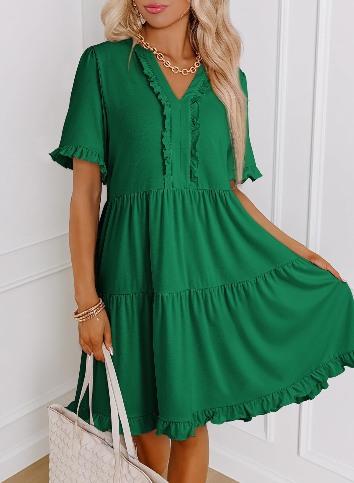 Foto 4 pulgar | Vestido Dokotoo Para Mujer, Primavera Y Verano, Manga Corta, Cuello En V, Verde Oscuro - Venta Internacional.
