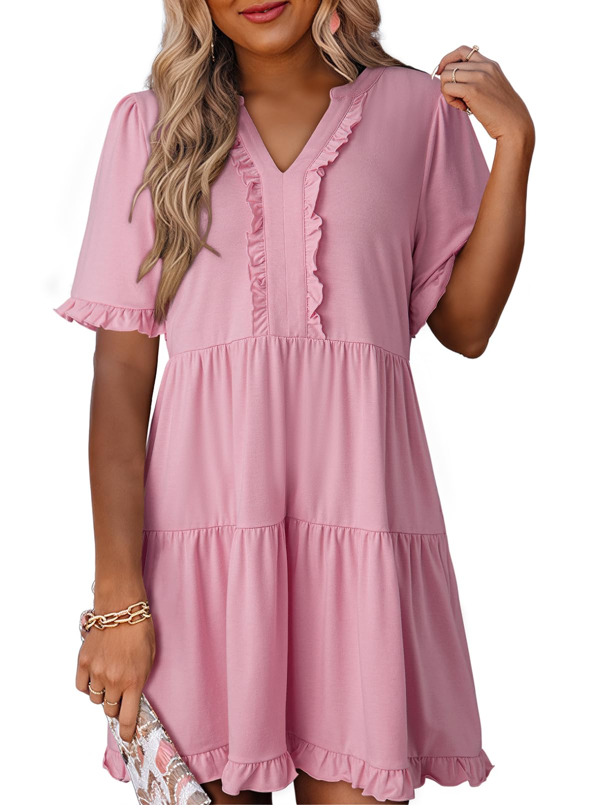 Foto 2 pulgar | Vestido Dokotoo Primavera-verano De Manga Corta Con Cuello En V Para Mujer - Venta Internacional.
