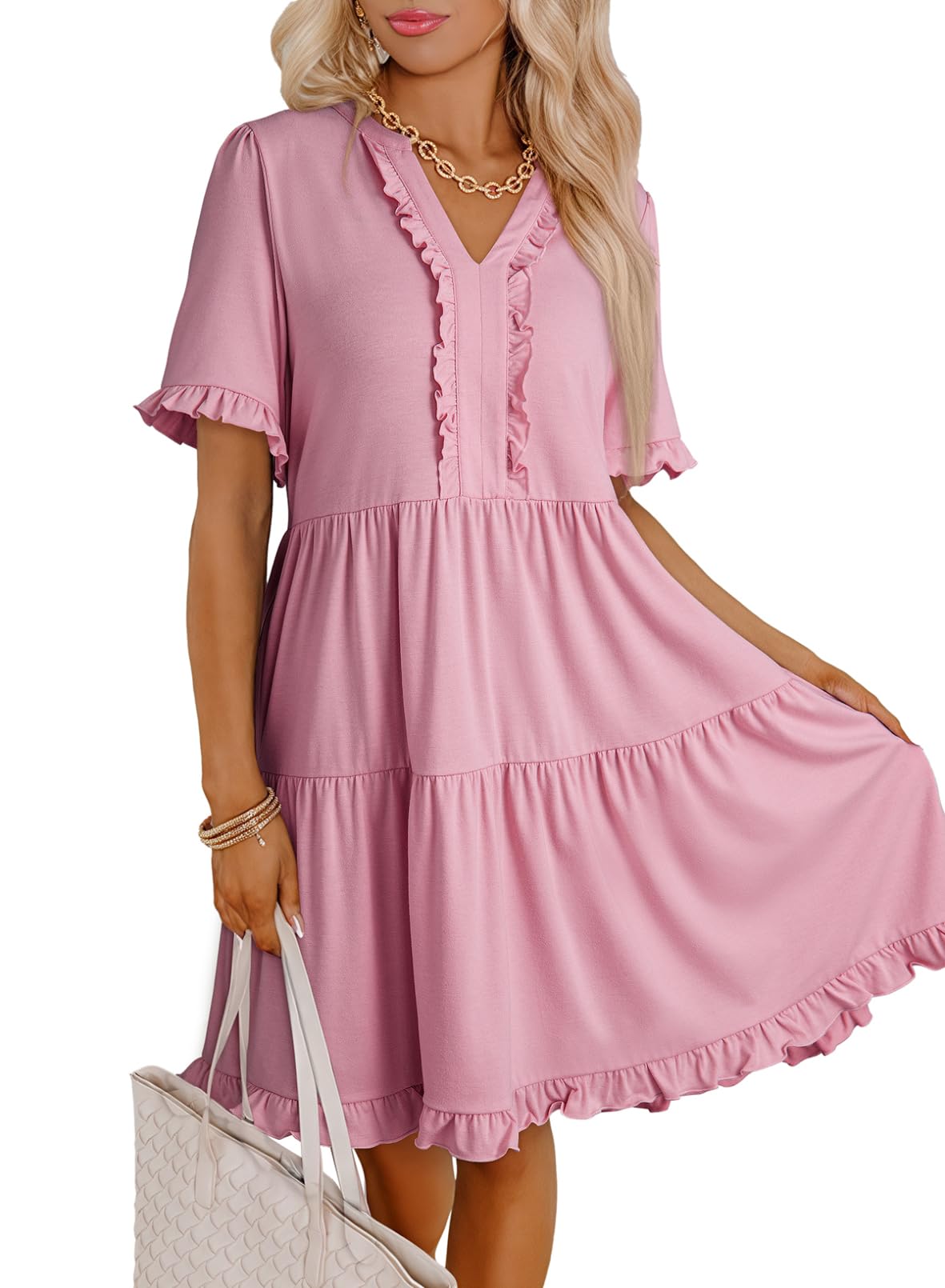 Foto 3 pulgar | Vestido Dokotoo Primavera-verano De Manga Corta Con Cuello En V Para Mujer - Venta Internacional.