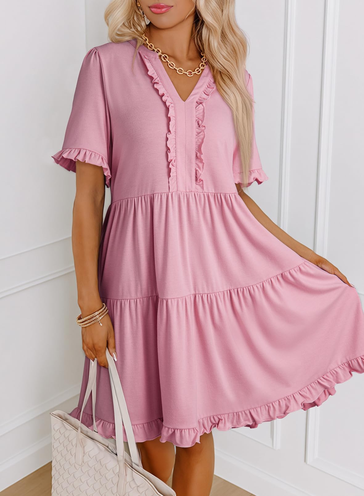 Foto 4 pulgar | Vestido Dokotoo Primavera-verano De Manga Corta Con Cuello En V Para Mujer - Venta Internacional.