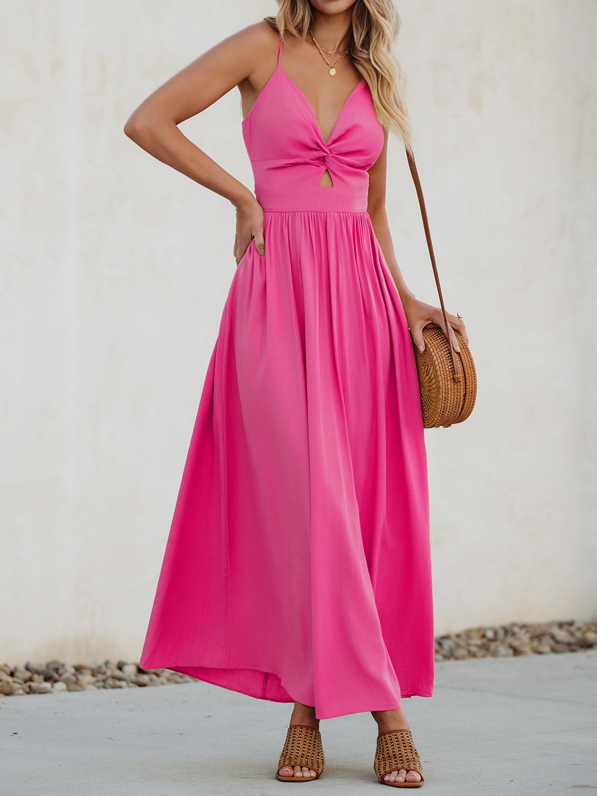 Foto 2 | Vestido Largo Cupshe Con Cuello En V Retorcido, Sin Mangas, Rayón Rosa Intenso - Venta Internacional.