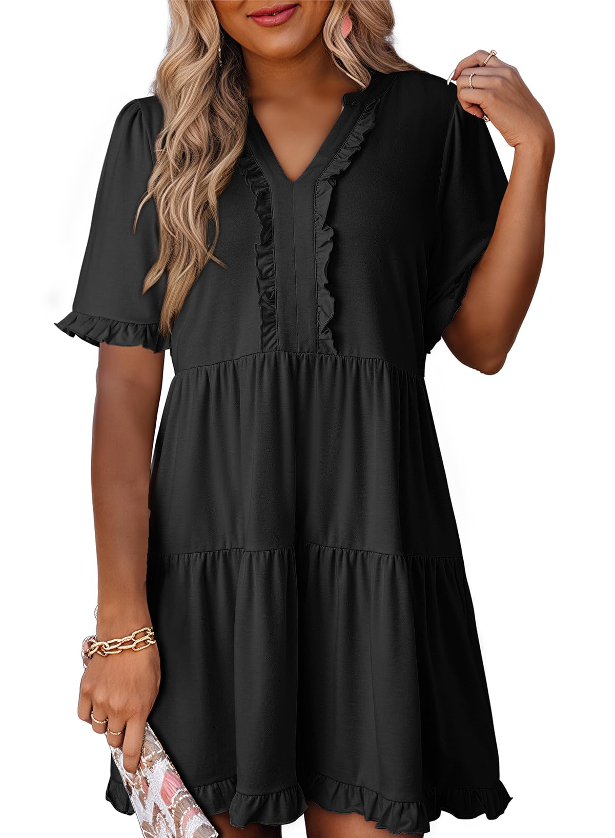 Foto 2 pulgar | Vestido Dokotoo Para Mujer, Primavera Y Verano, Manga Corta, Cuello En V, Negro, L - Venta Internacional.
