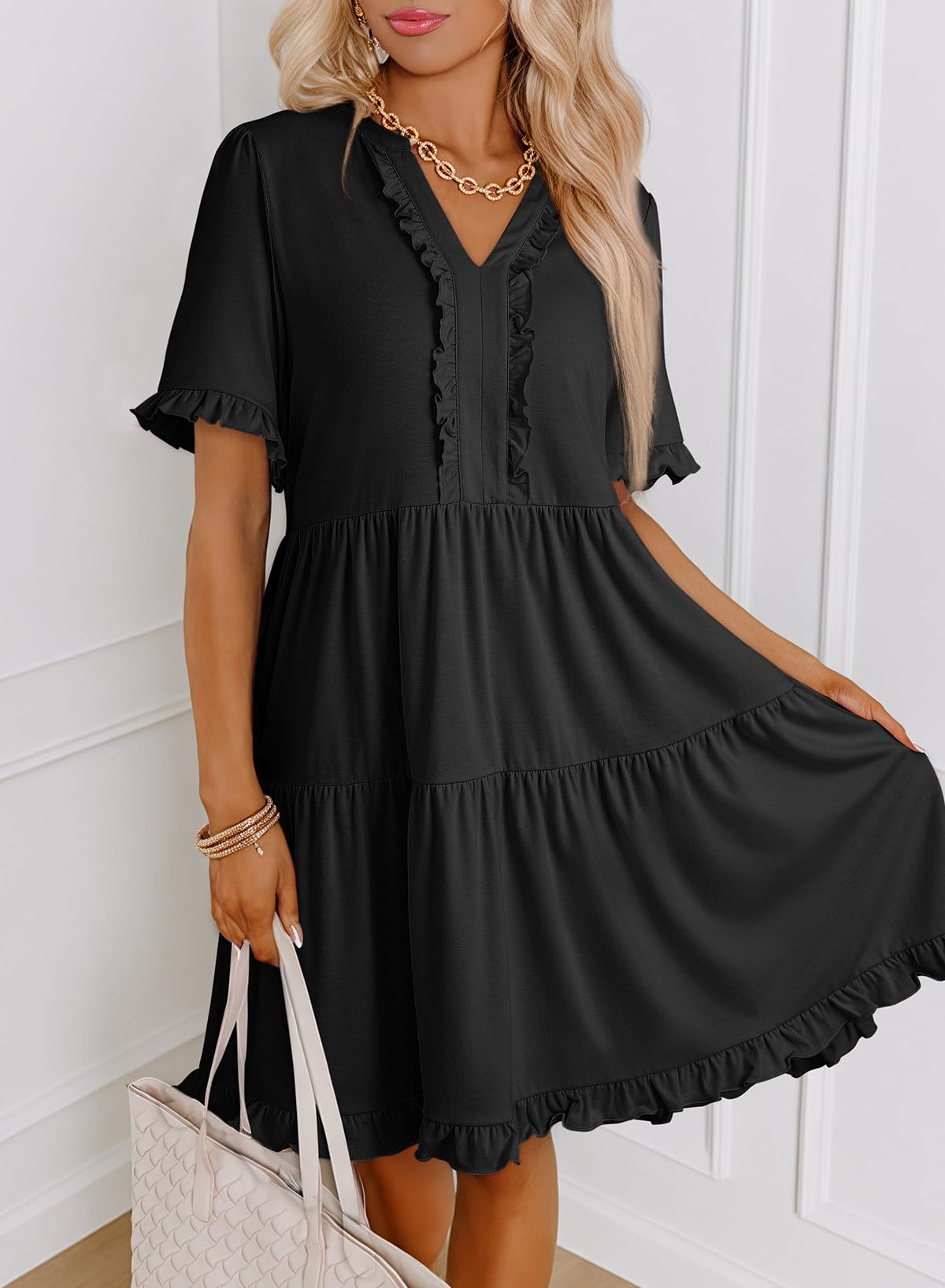 Foto 4 pulgar | Vestido Dokotoo Para Mujer, Primavera Y Verano, Manga Corta, Cuello En V, Negro, L - Venta Internacional.