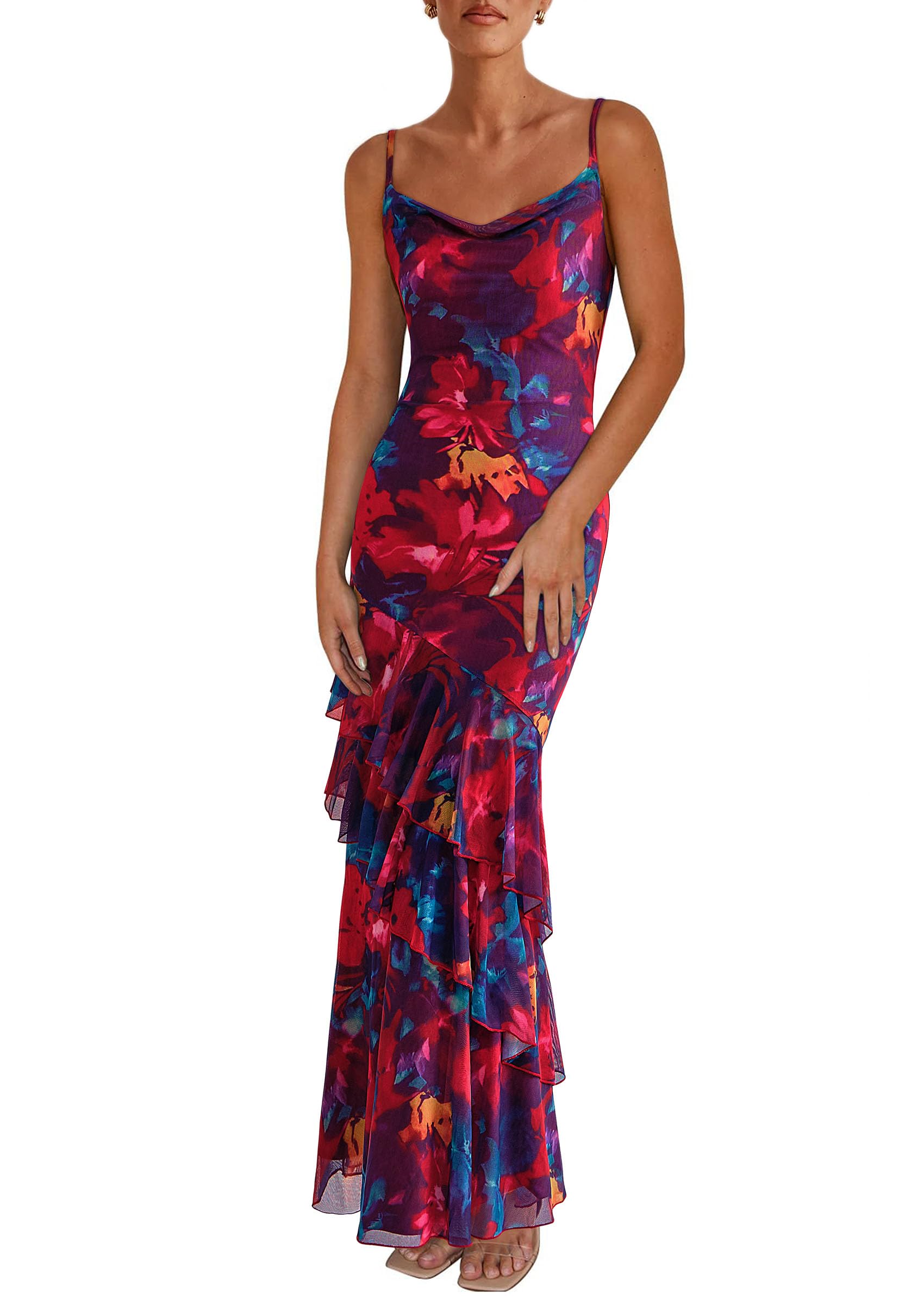 Foto 2 pulgar | Vestido Largo Prettygarden 2025 Con Estampado Floral Escalonado De Verano Para Mujer - Venta Internacional.