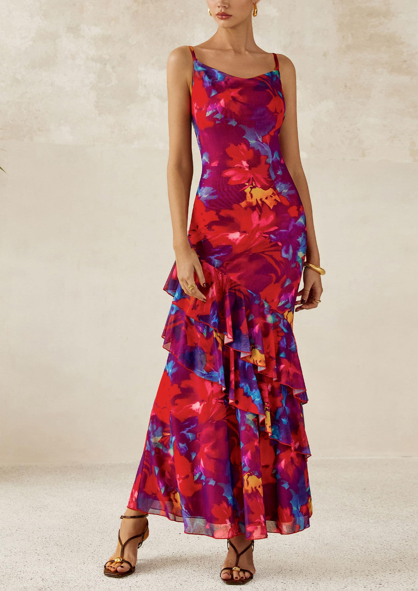Foto 4 pulgar | Vestido Largo Prettygarden 2025 Con Estampado Floral Escalonado De Verano Para Mujer - Venta Internacional.
