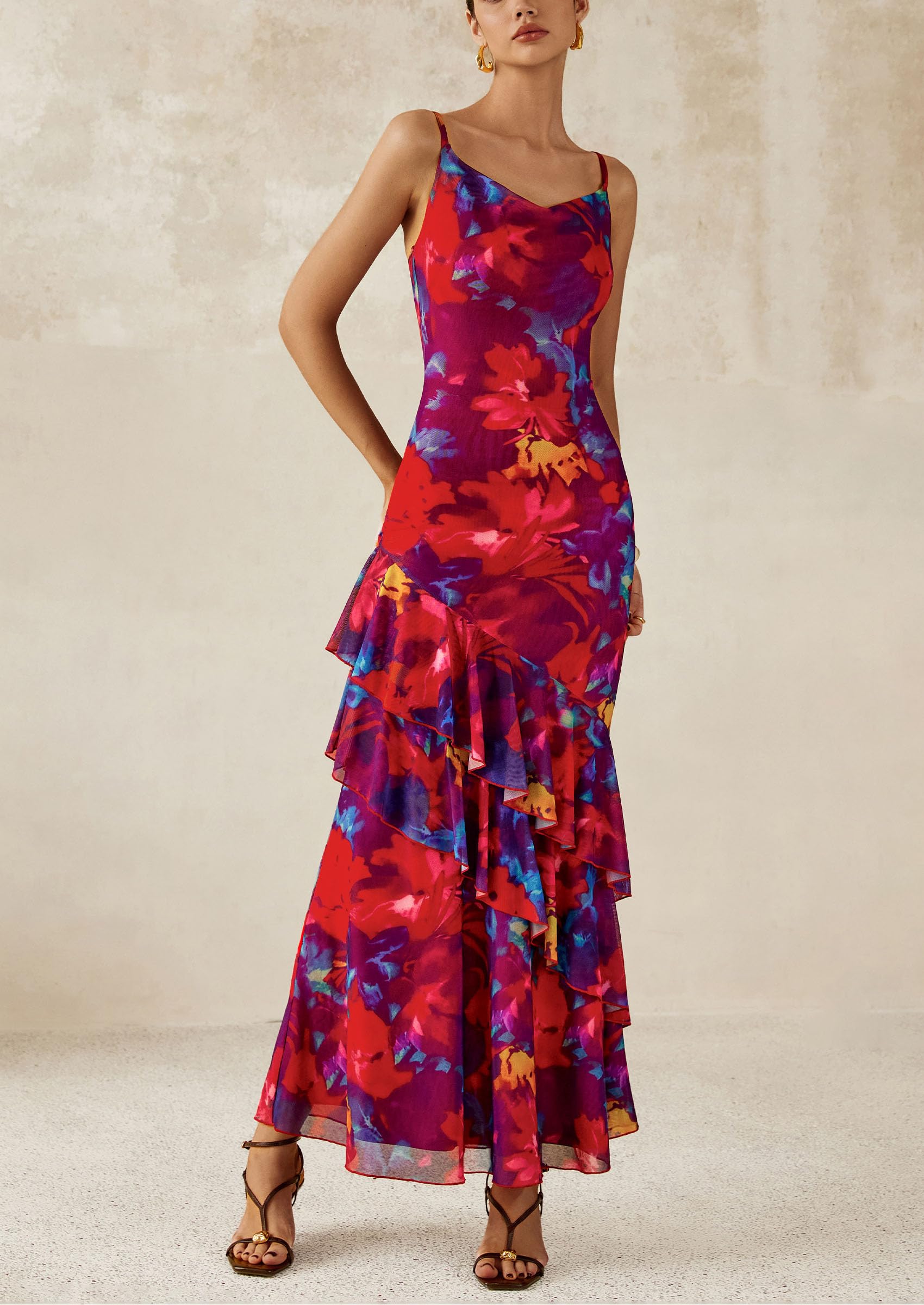 Foto 5 pulgar | Vestido Largo Prettygarden 2025 Con Estampado Floral Escalonado De Verano Para Mujer - Venta Internacional.