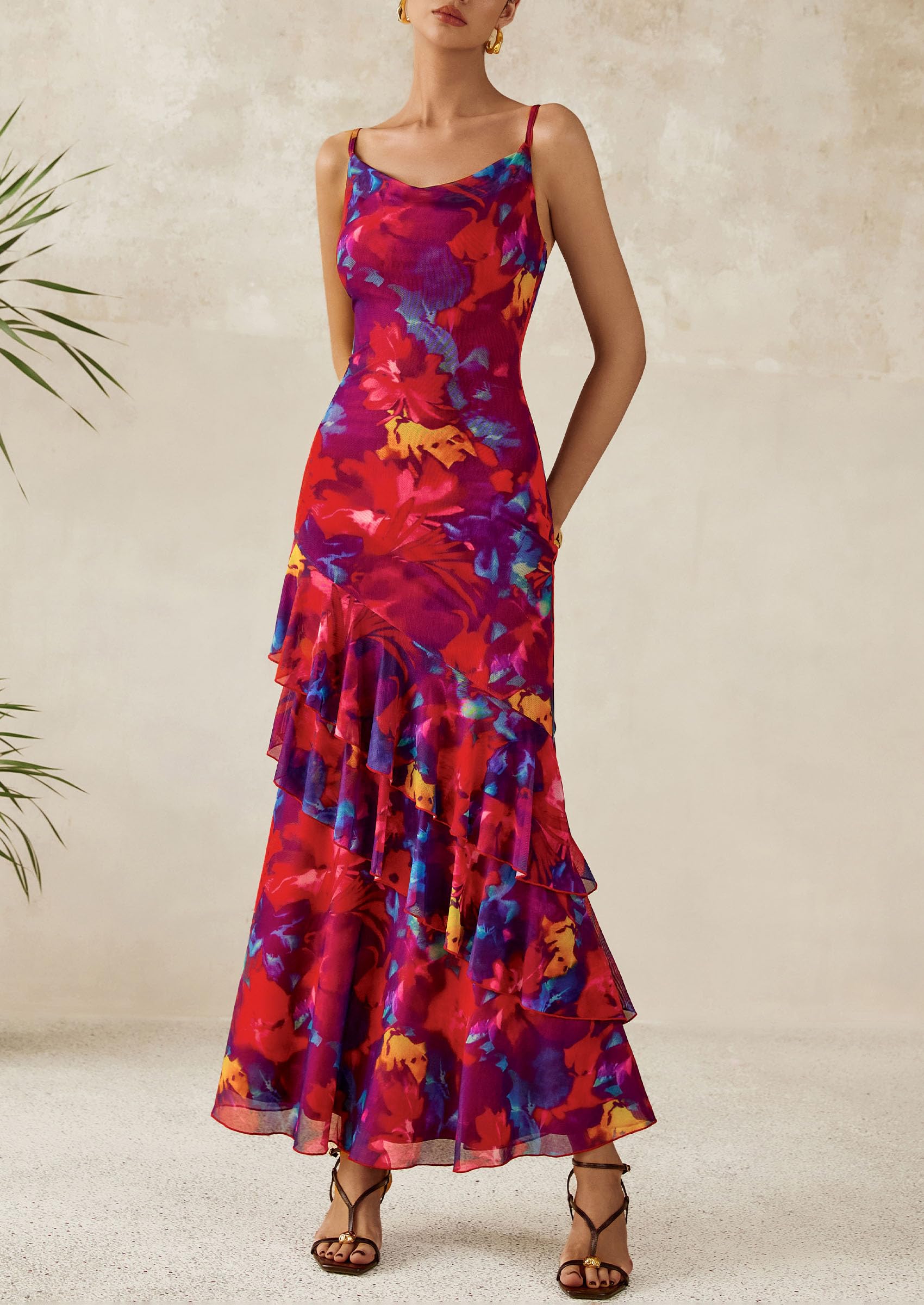 Foto 6 pulgar | Vestido Largo Prettygarden 2025 Con Estampado Floral Escalonado De Verano Para Mujer - Venta Internacional.
