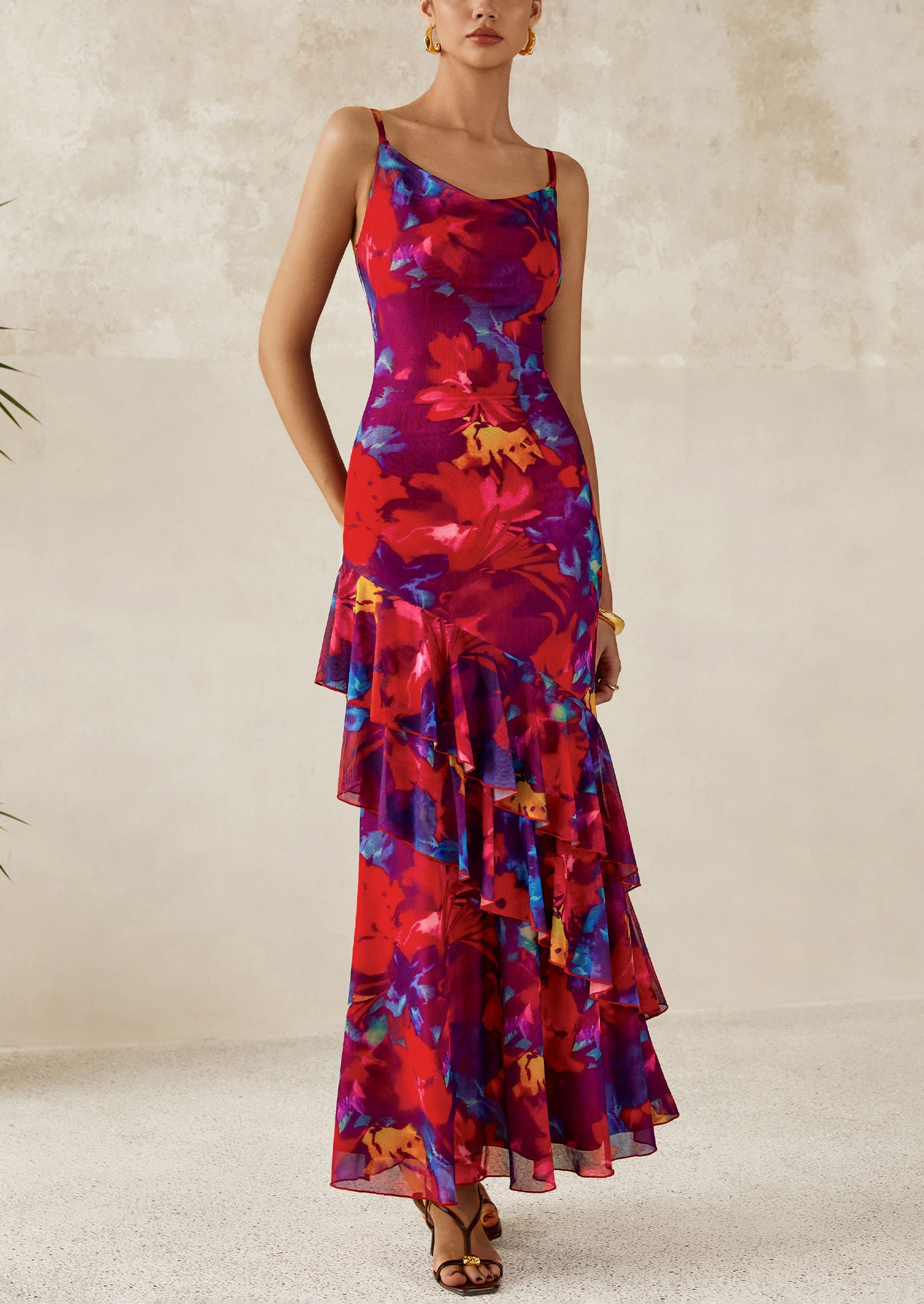 Foto 8 pulgar | Vestido Largo Prettygarden 2025 Con Estampado Floral Escalonado De Verano Para Mujer - Venta Internacional.