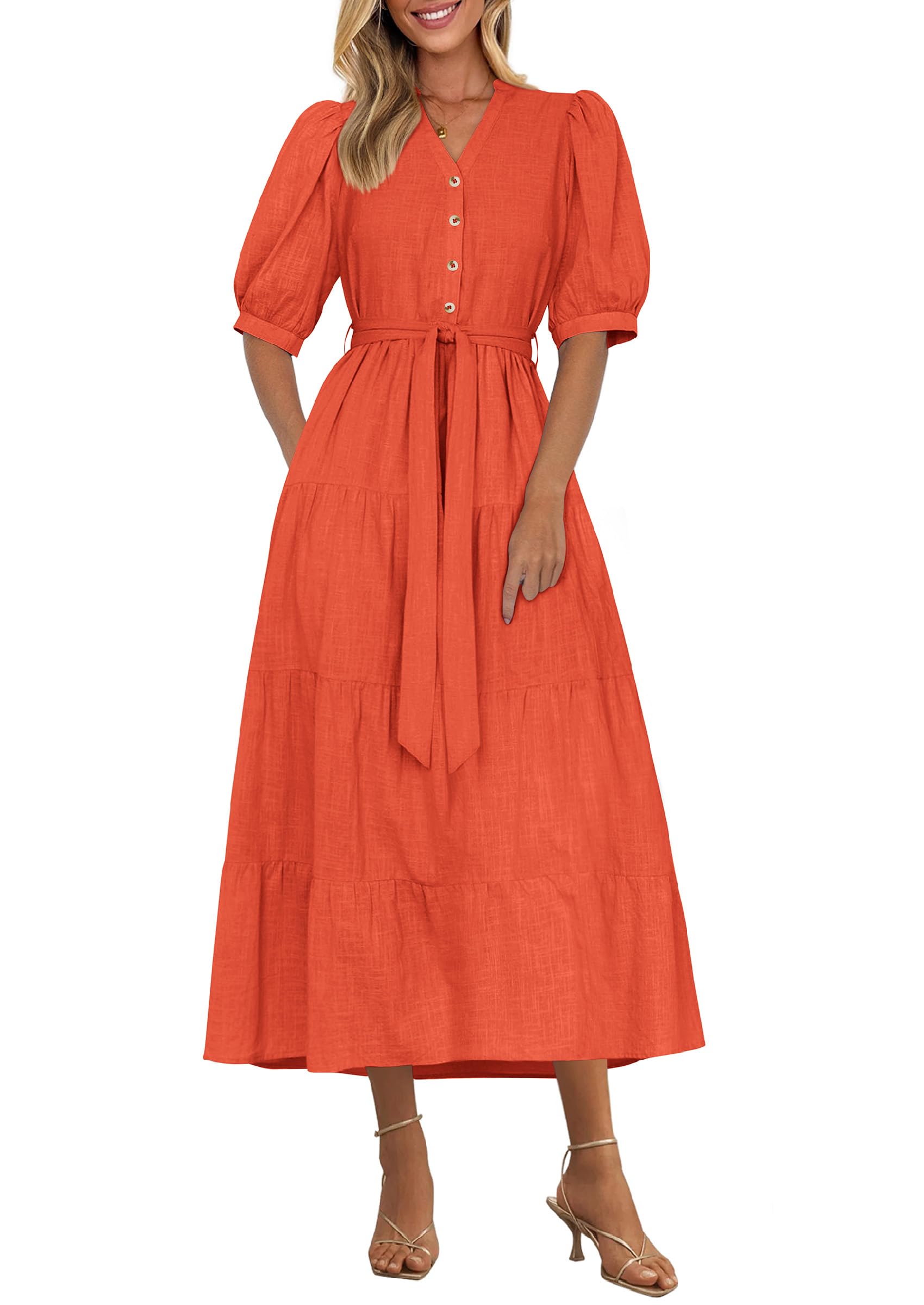 Vestido Midi Prettygarden 2025 Con Cuello En V Y Manga Corta Con Bolsillos - Venta Internacional.