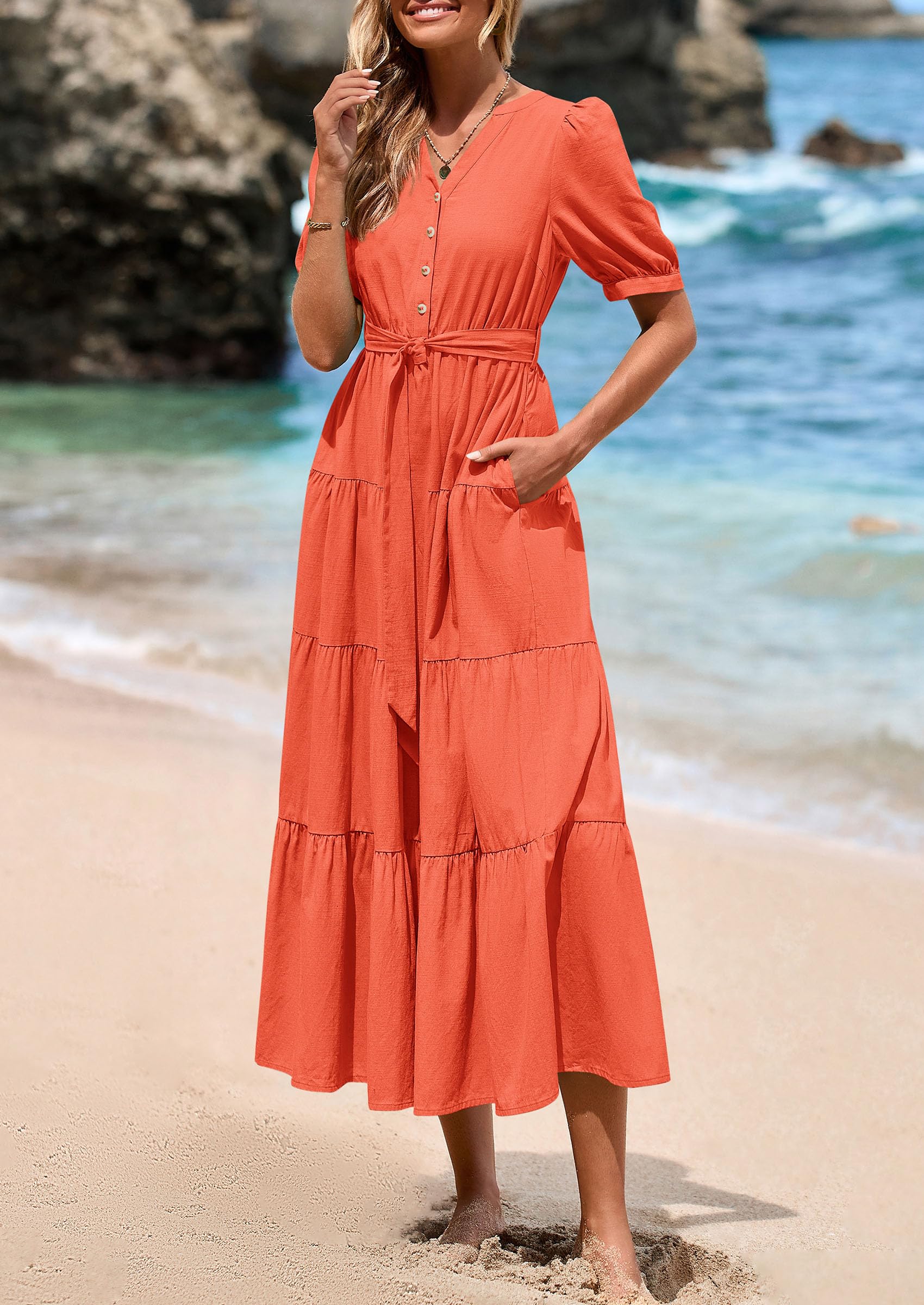 Foto 5 pulgar | Vestido Midi Prettygarden 2025 Con Cuello En V Y Manga Corta Con Bolsillos - Venta Internacional.