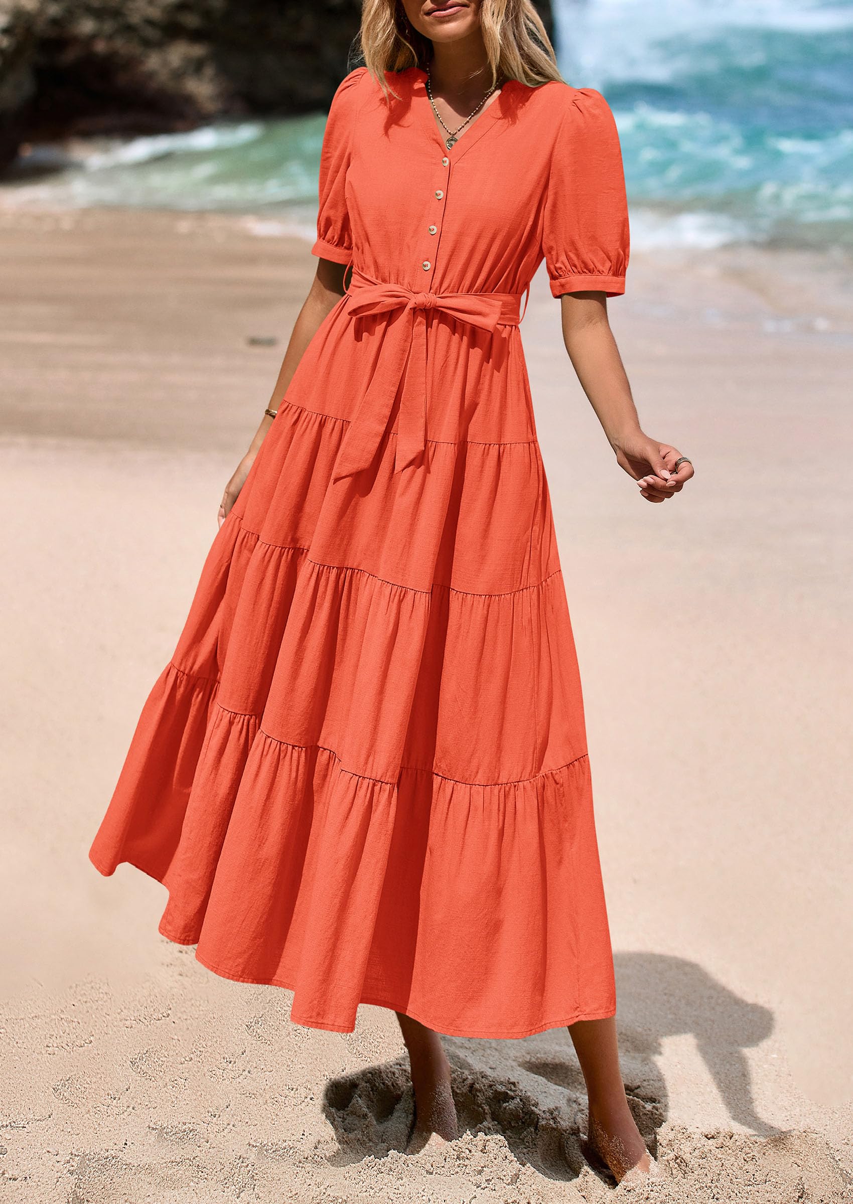 Foto 7 | Vestido Midi Prettygarden 2025 Con Cuello En V Y Manga Corta Con Bolsillos - Venta Internacional.