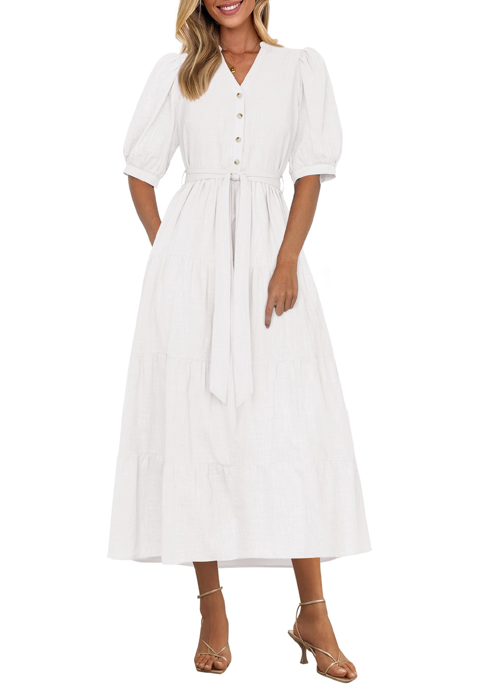 Foto 2 pulgar | Vestido Midi Prettygarden 2025 De Verano De Manga Corta Con Cuello En V Para Mujer - Venta Internacional.