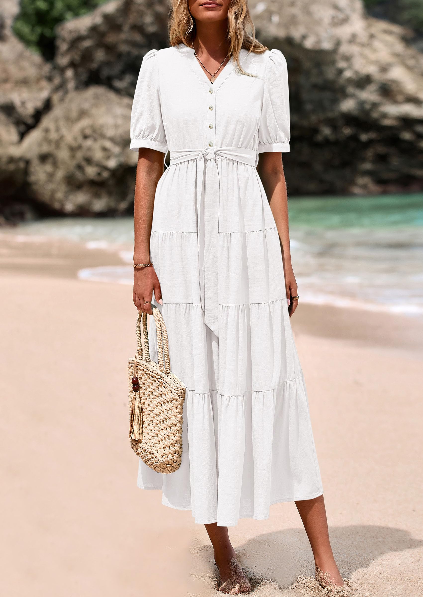 Foto 3 | Vestido Midi Prettygarden 2025 De Verano De Manga Corta Con Cuello En V Para Mujer - Venta Internacional.
