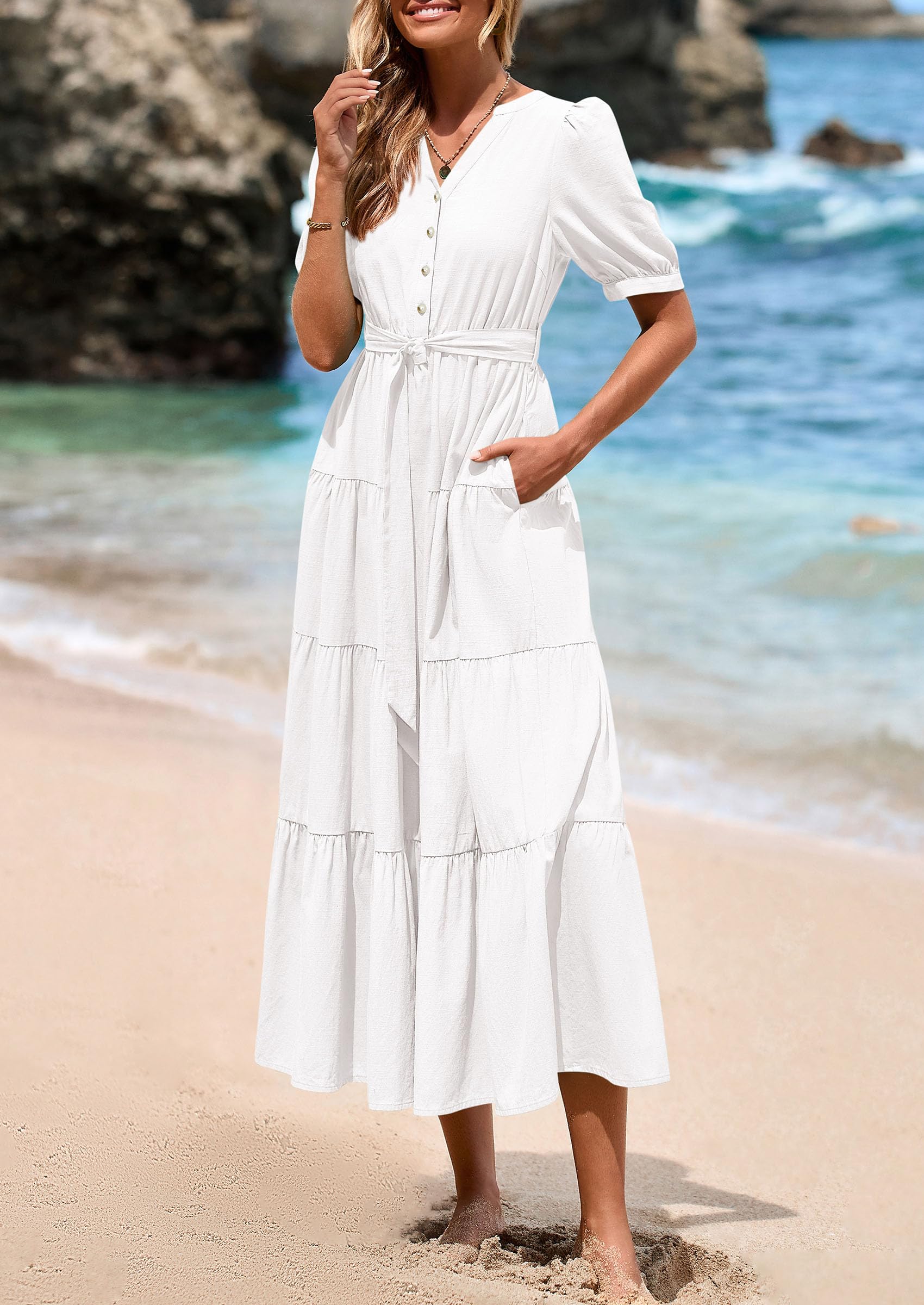 Foto 5 pulgar | Vestido Midi Prettygarden 2025 De Verano De Manga Corta Con Cuello En V Para Mujer - Venta Internacional.