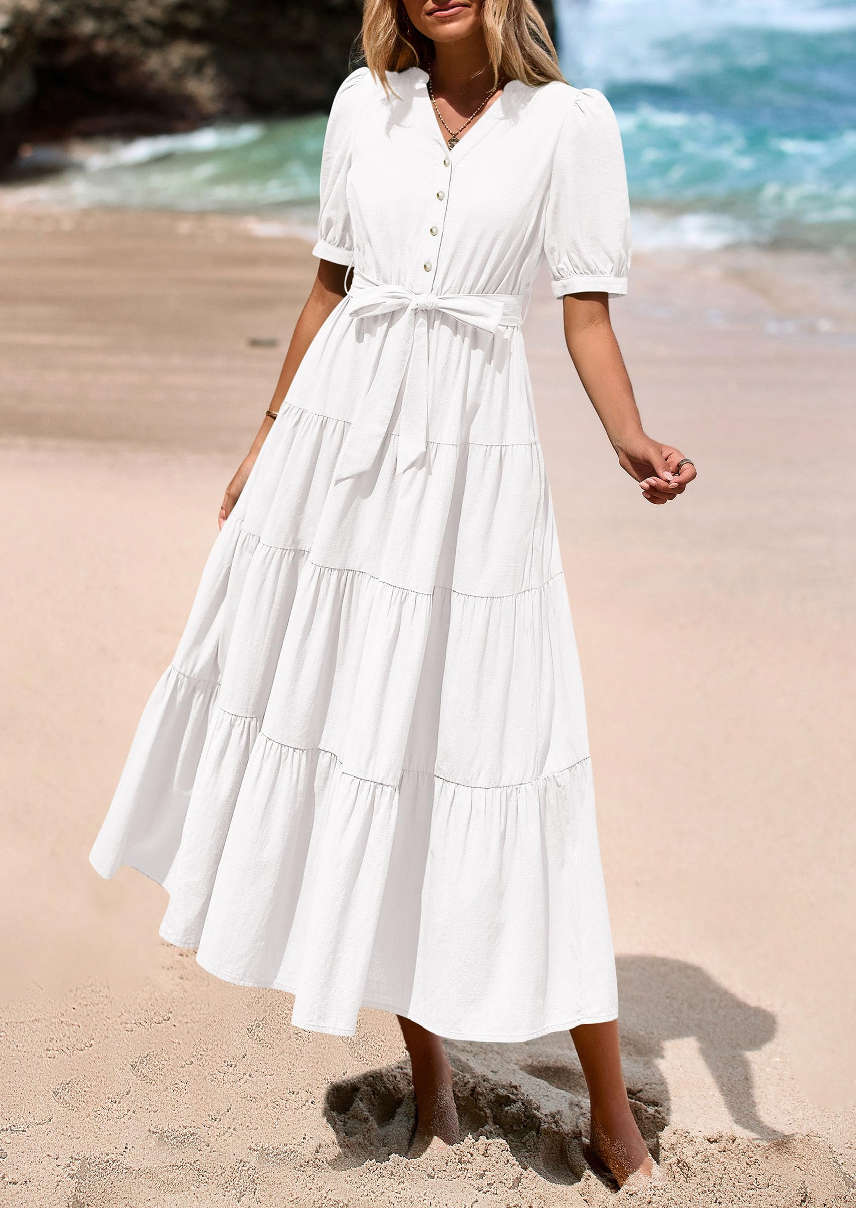 Foto 8 pulgar | Vestido Midi Prettygarden 2025 De Verano De Manga Corta Con Cuello En V Para Mujer - Venta Internacional.
