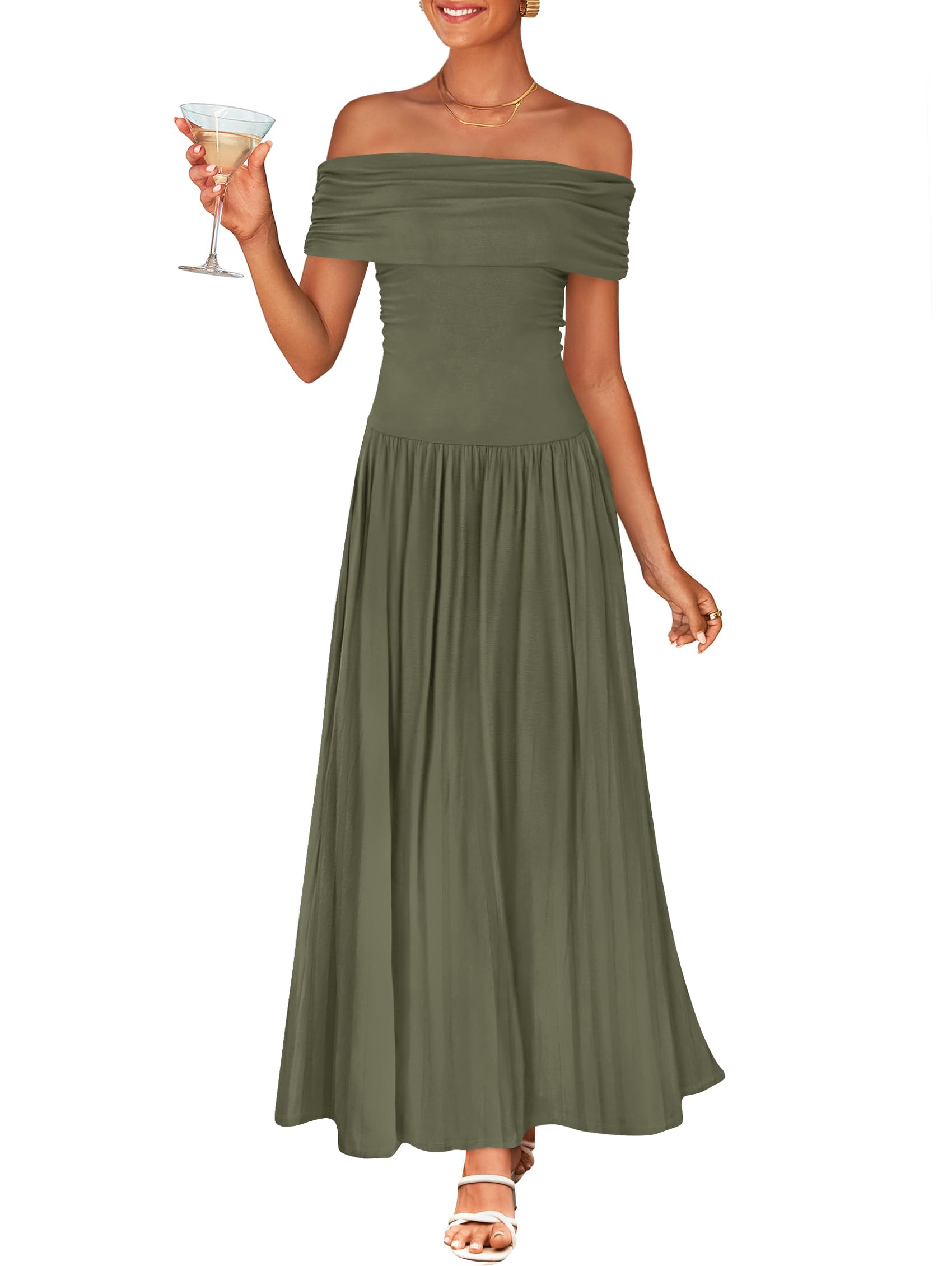 Foto 1 | Vestido Largo Zesica 2025 Con Hombros Descubiertos, Casual, De Verano, Verde Militar - Venta Internacional.