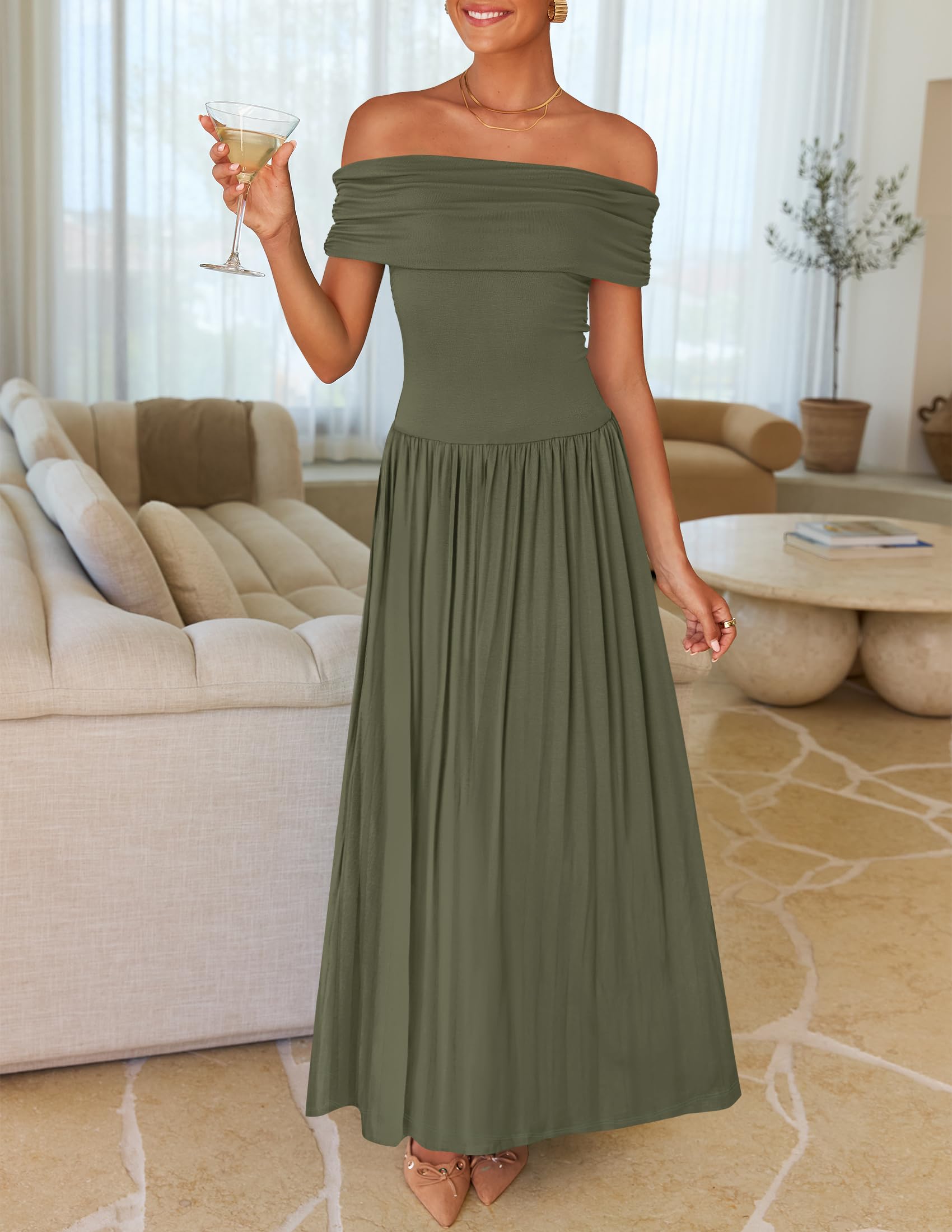 Foto 2 | Vestido Largo Zesica 2025 Con Hombros Descubiertos, Casual, De Verano, Verde Militar - Venta Internacional.