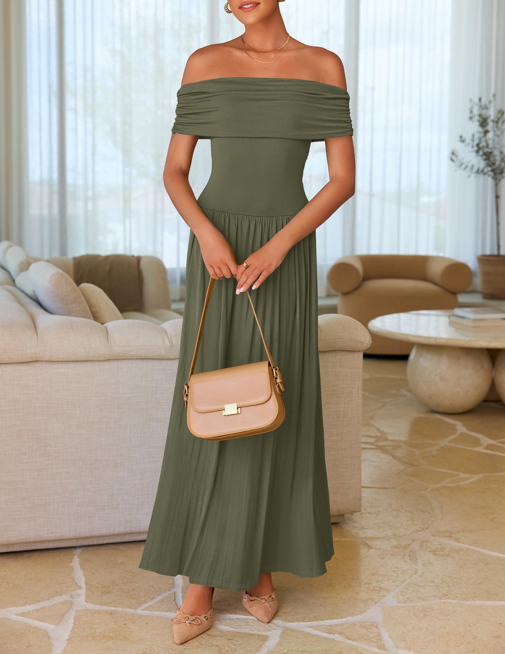 Foto 4 pulgar | Vestido Largo Zesica 2025 Con Hombros Descubiertos, Casual, De Verano, Verde Militar - Venta Internacional.