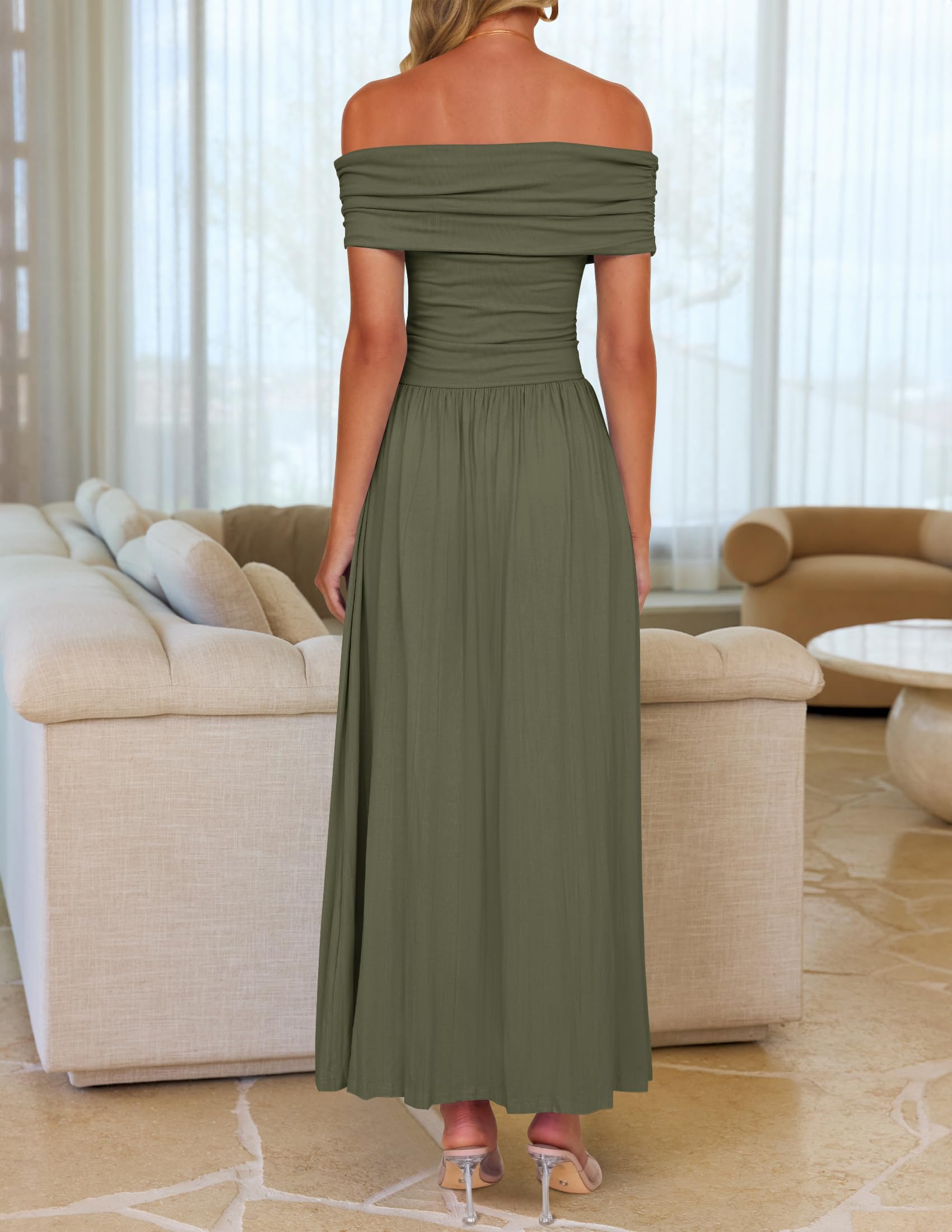 Foto 5 pulgar | Vestido Largo Zesica 2025 Con Hombros Descubiertos, Casual, De Verano, Verde Militar - Venta Internacional.