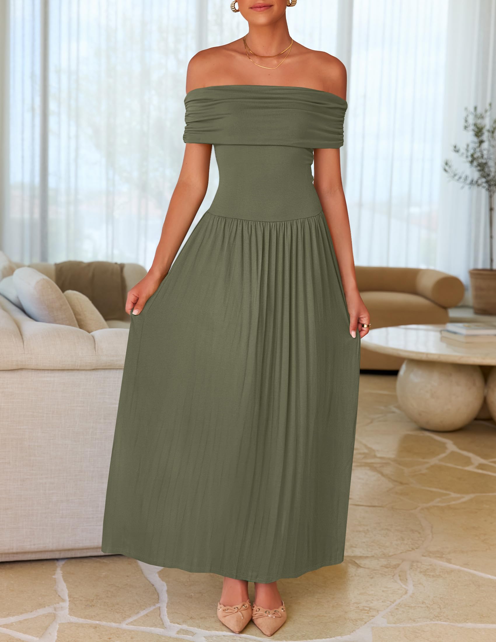 Foto 6 pulgar | Vestido Largo Zesica 2025 Con Hombros Descubiertos, Casual, De Verano, Verde Militar - Venta Internacional.